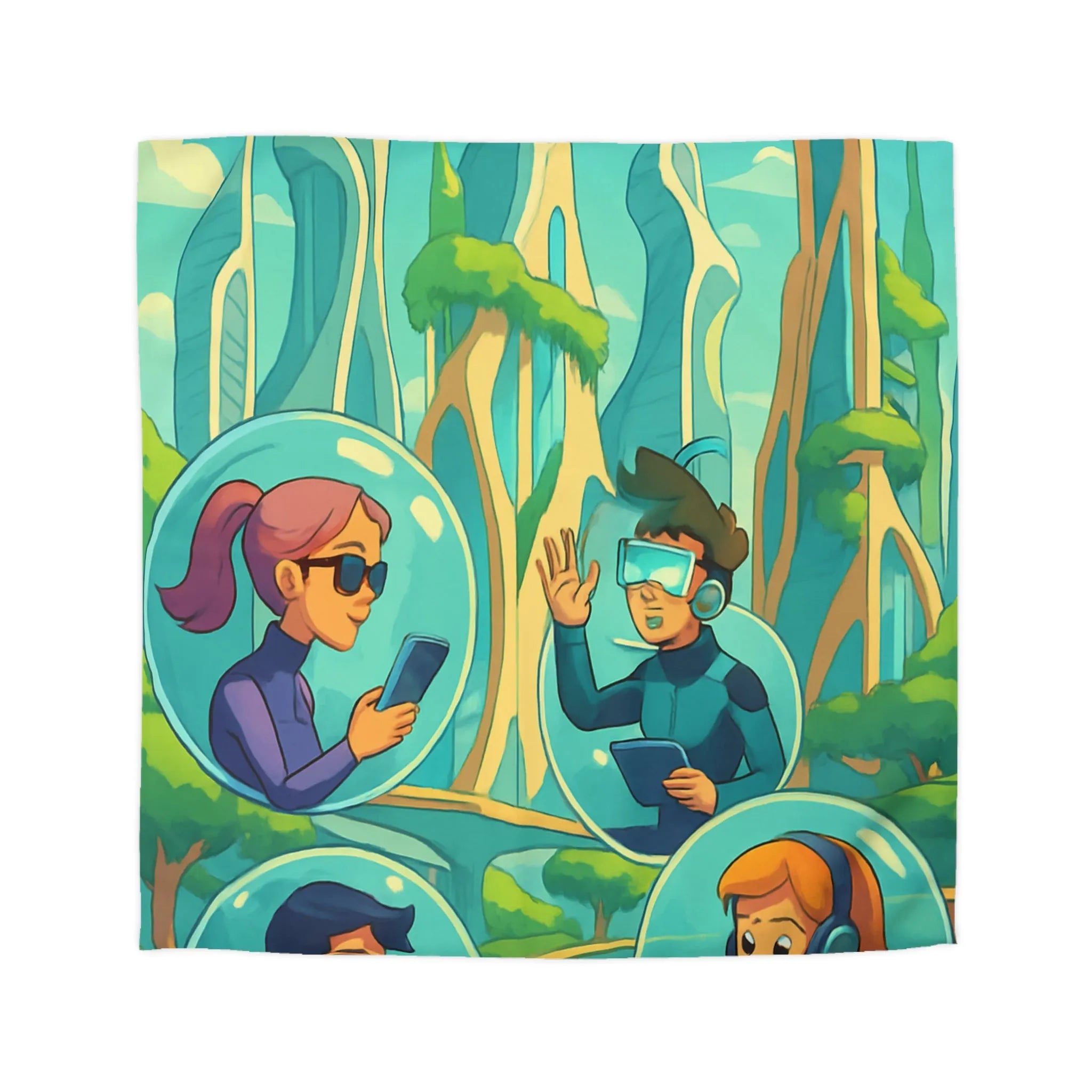 Housse de couette futuriste avec paysage urbain et personnages connectés en réalité augmentée