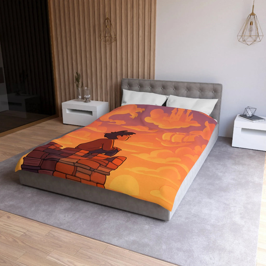 Housse de couette fantastique avec château, dragon et nuages pour enfants rêveurs