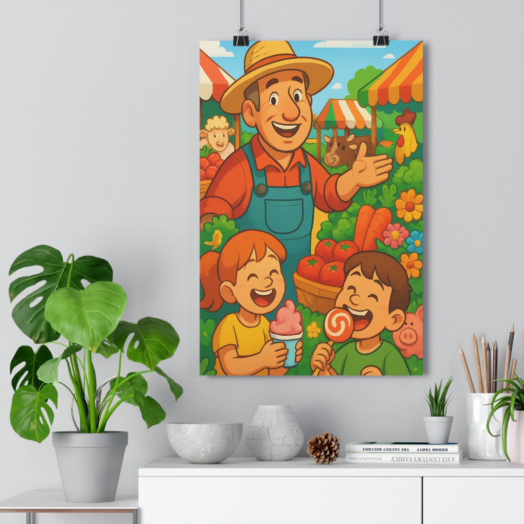 Poster décoratif cartoon joyeux enfant chambre couleurs vives ferme nature illustration animaux fermier stand