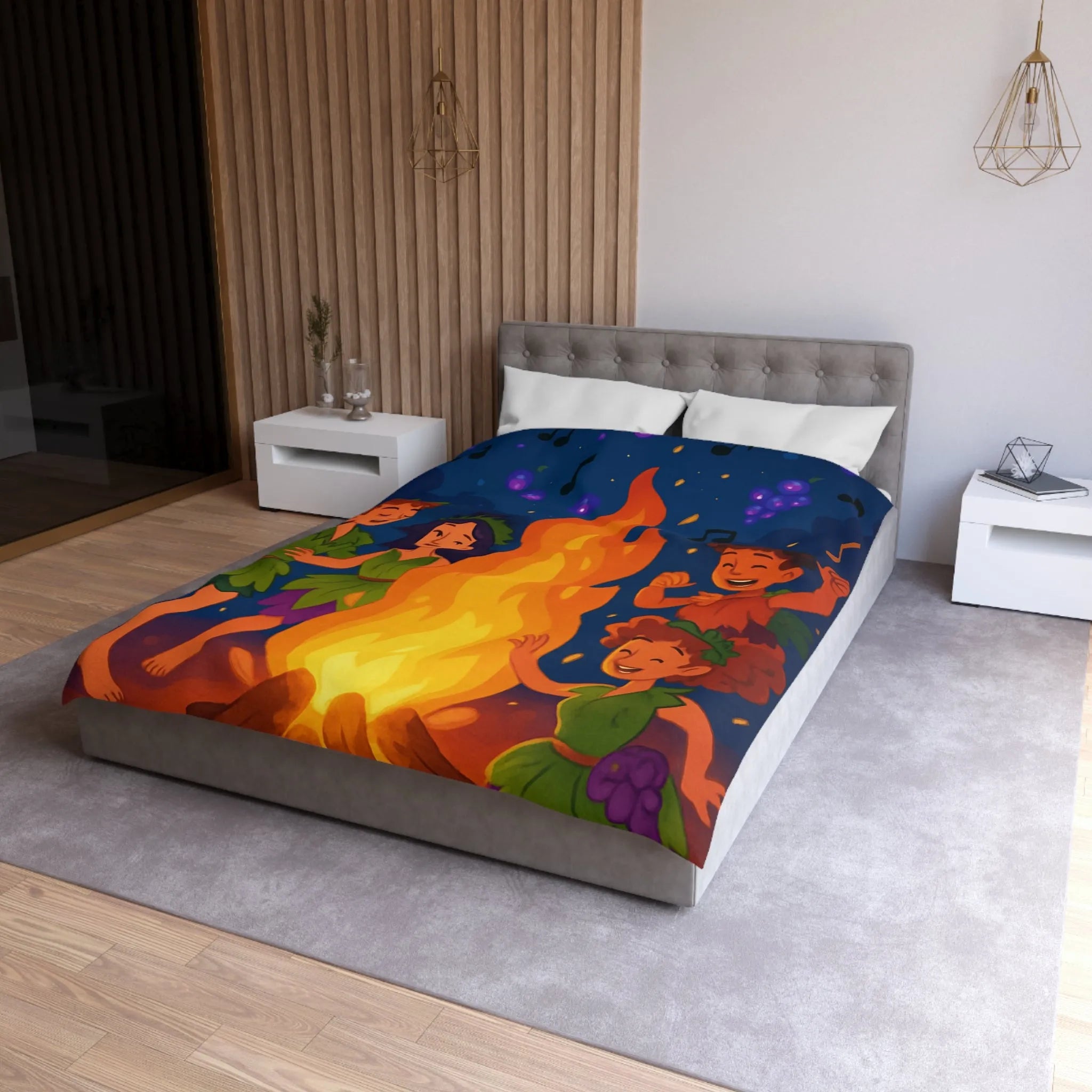 Housse de couette joyeuse autour d'un feu de camp avec enfants et raisins dansants