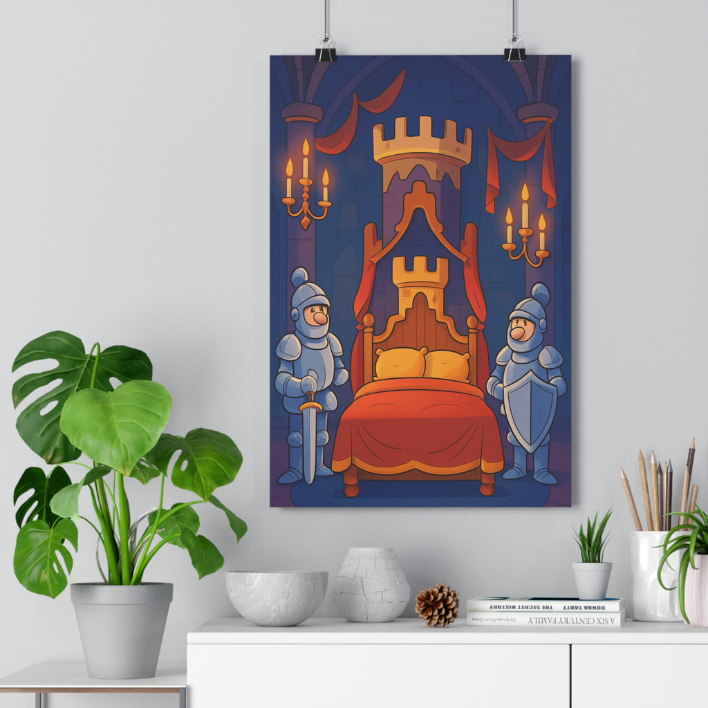 Poster décoratif médiéval bleu rouge aventure féerique chevaliers château enfant chambre ambiance élégante 30x46