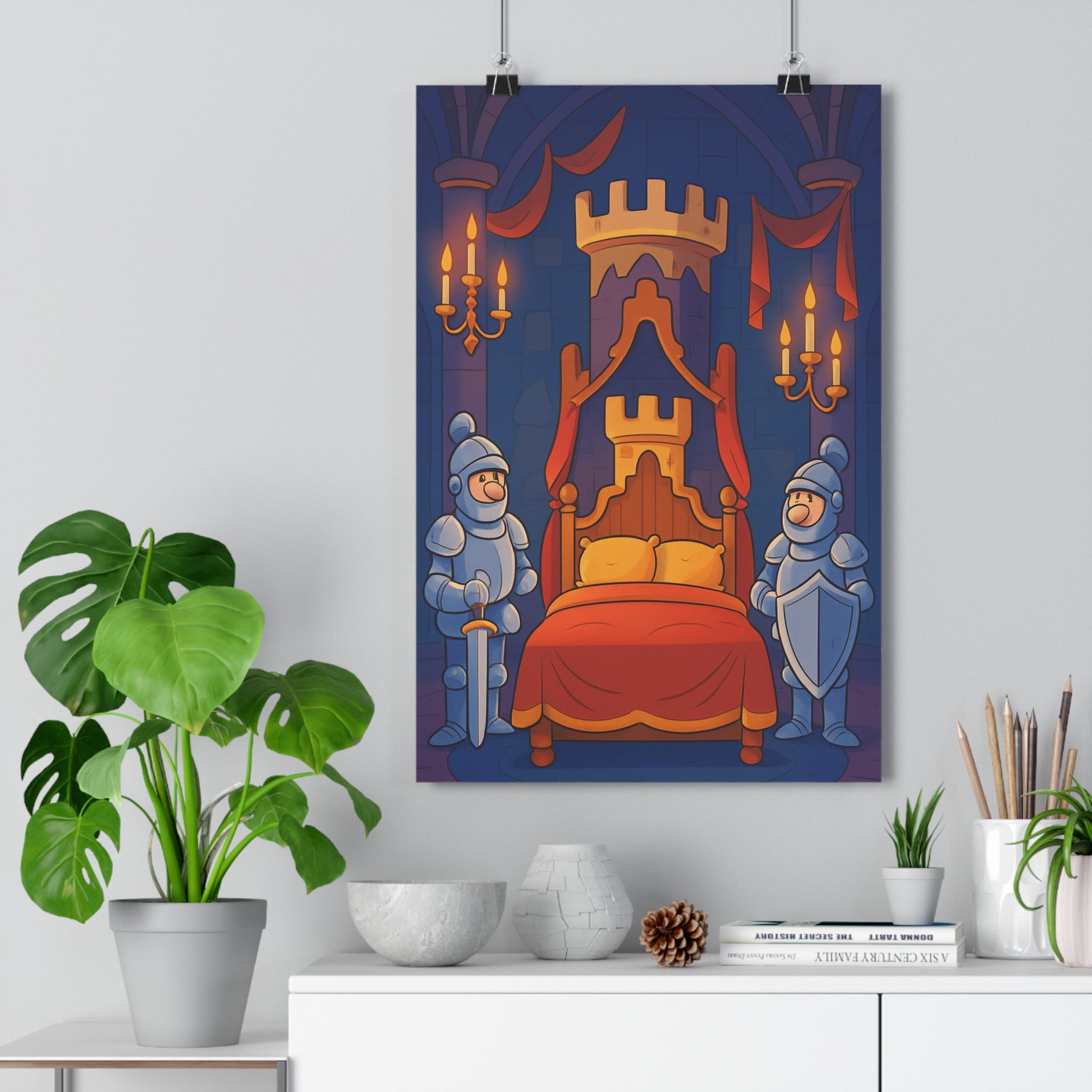 Poster décoratif médiéval bleu rouge aventure féerique chevaliers château enfant chambre ambiance élégante 30x46