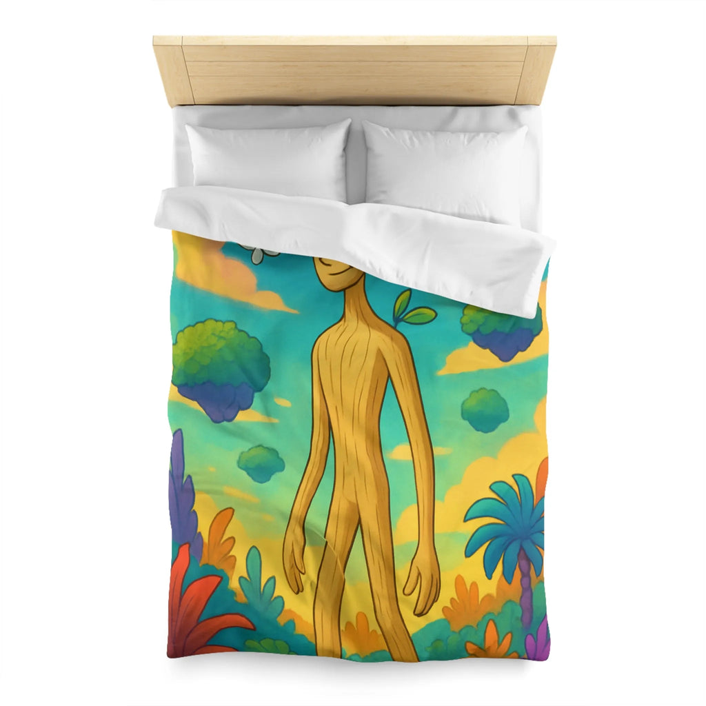 Housse de couette enchanteresse avec paysage coloré, créature en bois et papillons