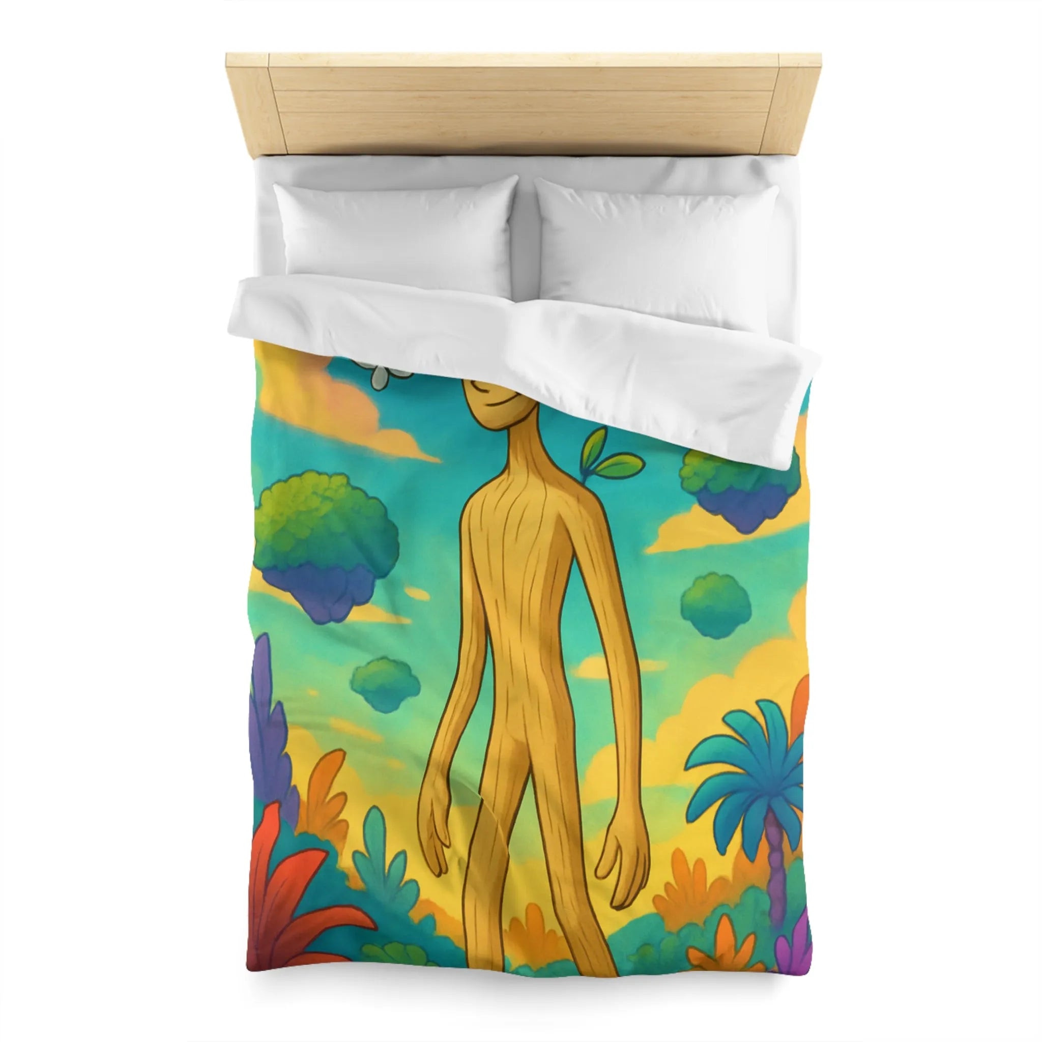 Housse de couette enchanteresse avec paysage coloré, créature en bois et papillons