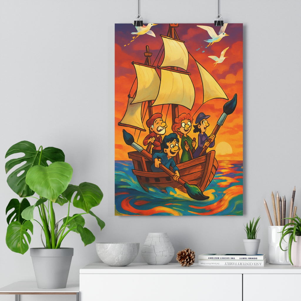 Poster décoratif cartoon orange jaune joyeux aventure chambre salon conte fées nautique vibrant coloré