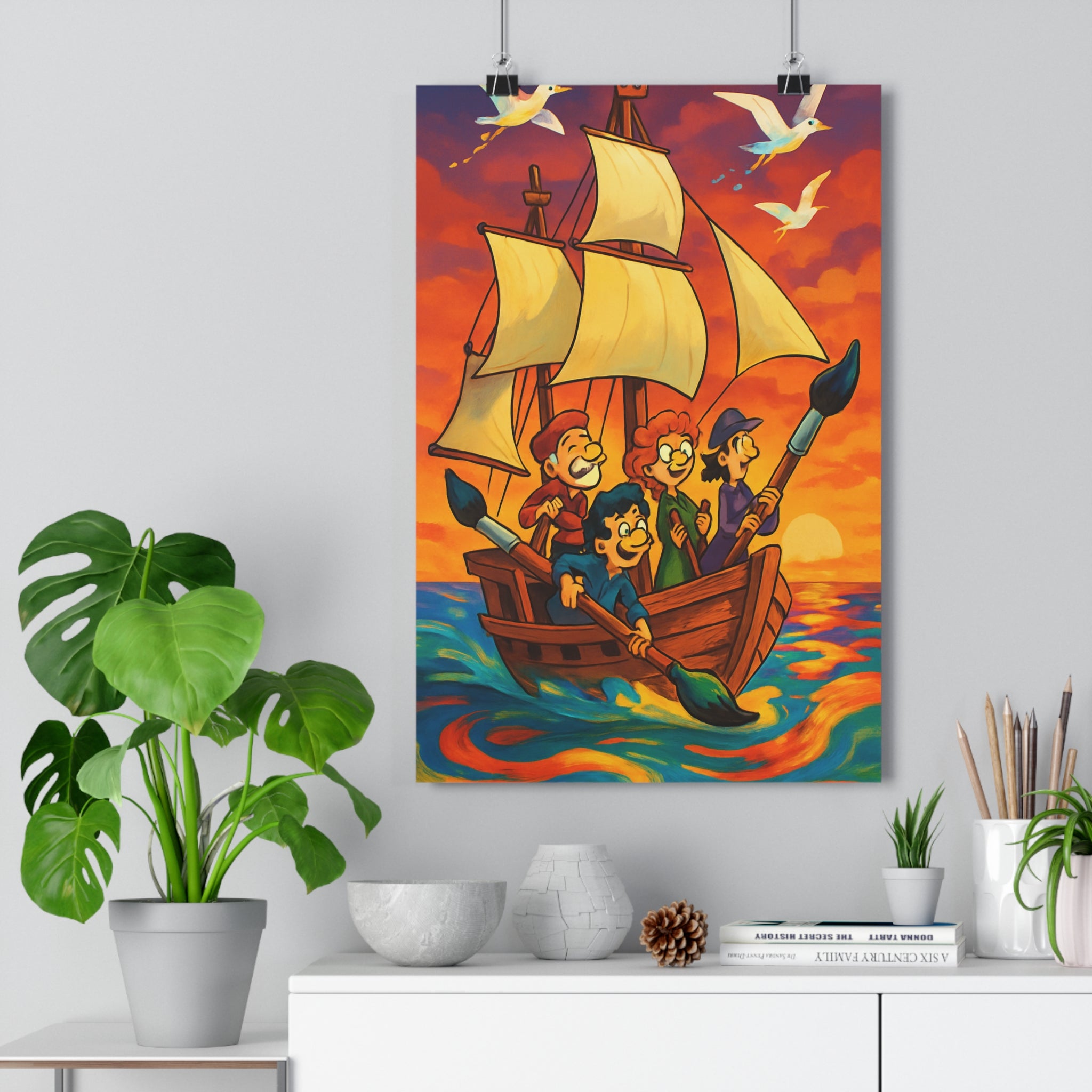 Poster décoratif cartoon orange jaune joyeux aventure chambre salon conte fées nautique vibrant coloré