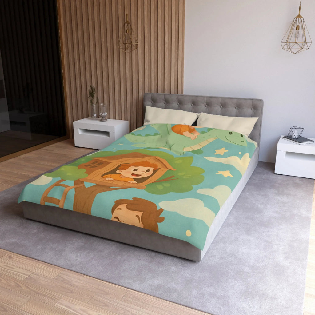 Housse de Couette Enfant Colorée avec Dragon, Maisonnette Arbre et Étoiles Féeriques