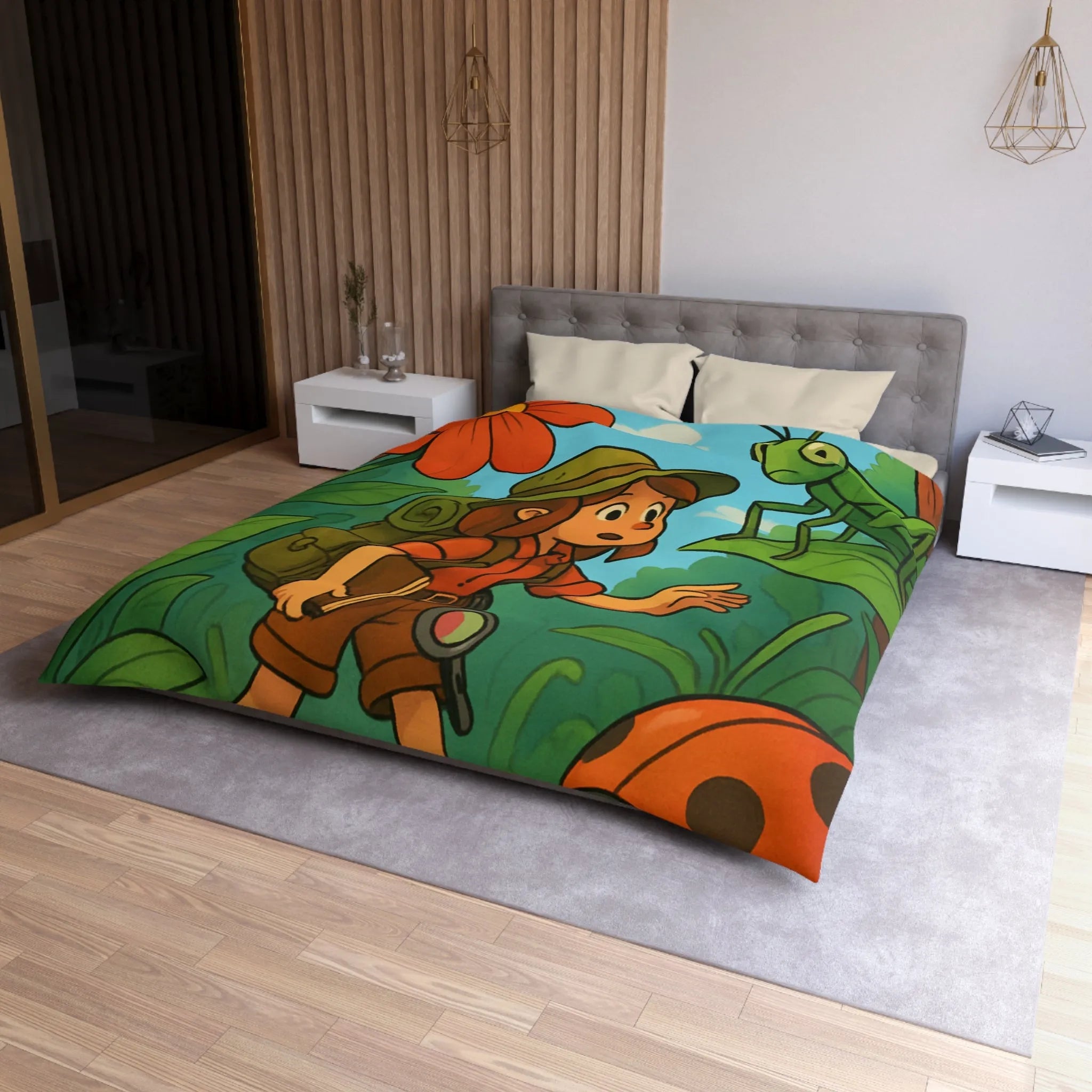 Housse de Couette Enfant Nature avec Exploratrice et Insectes Géants pour Aventure Ludiquement Colorée