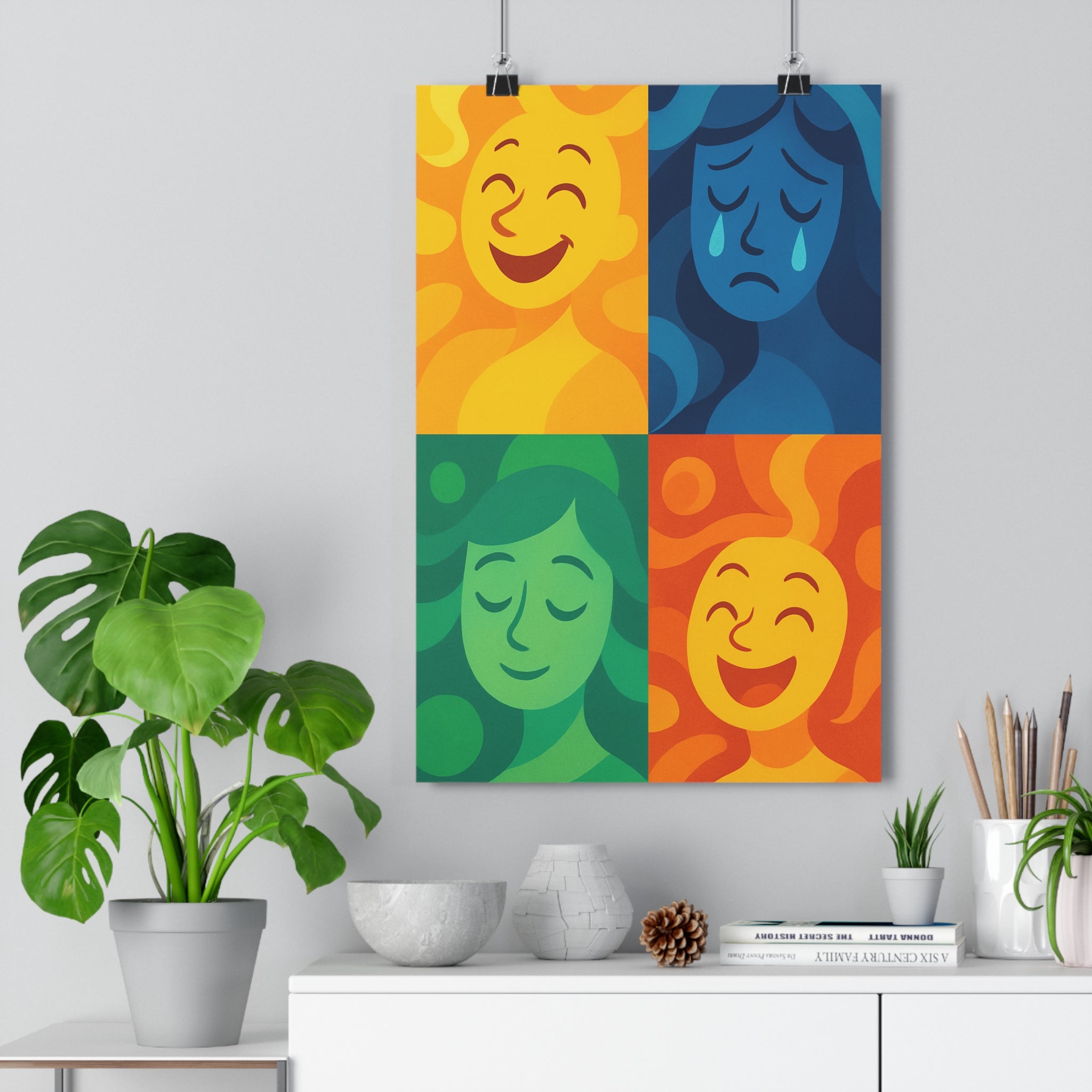 Poster décoratif abstrait cartoon joyeux orange bleu vert jaune salon chambre bureau vibrant qualité