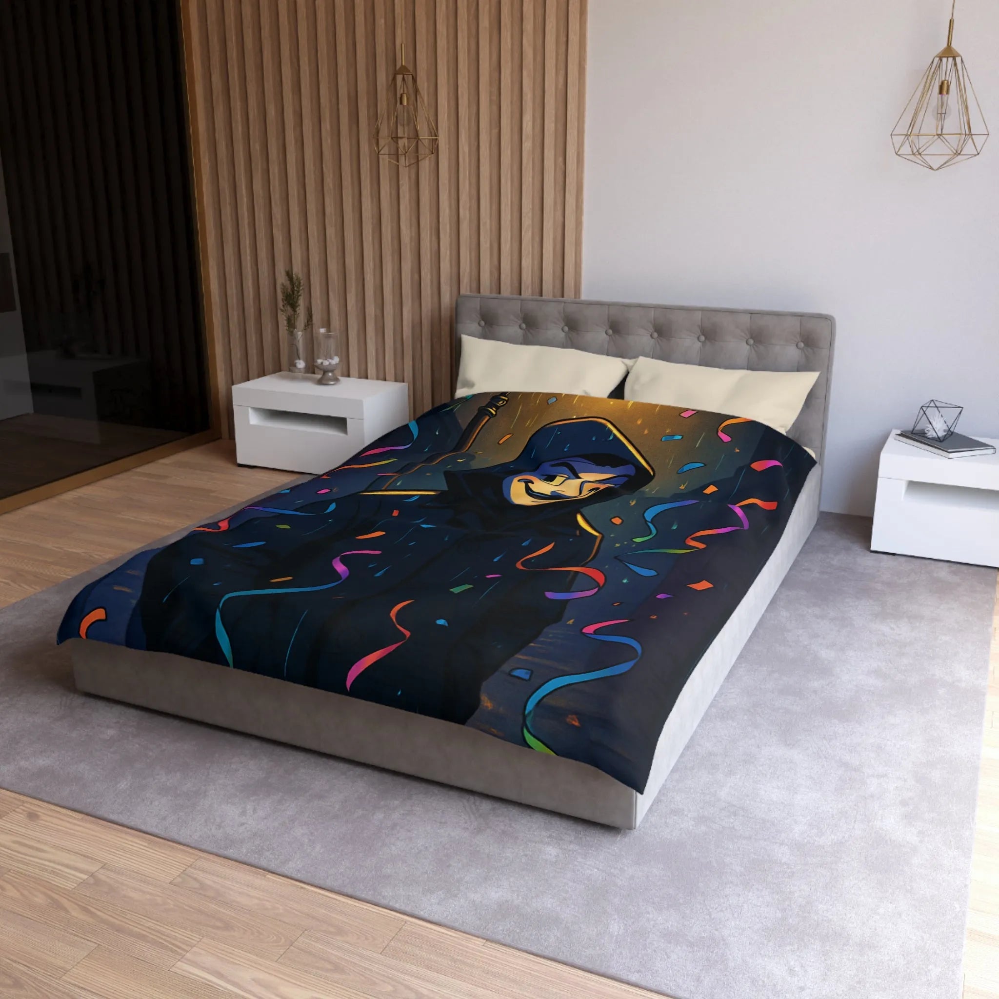 Housse de couette artistique joyeuse avec personnage mystérieux sous réverbère nocturne coloré