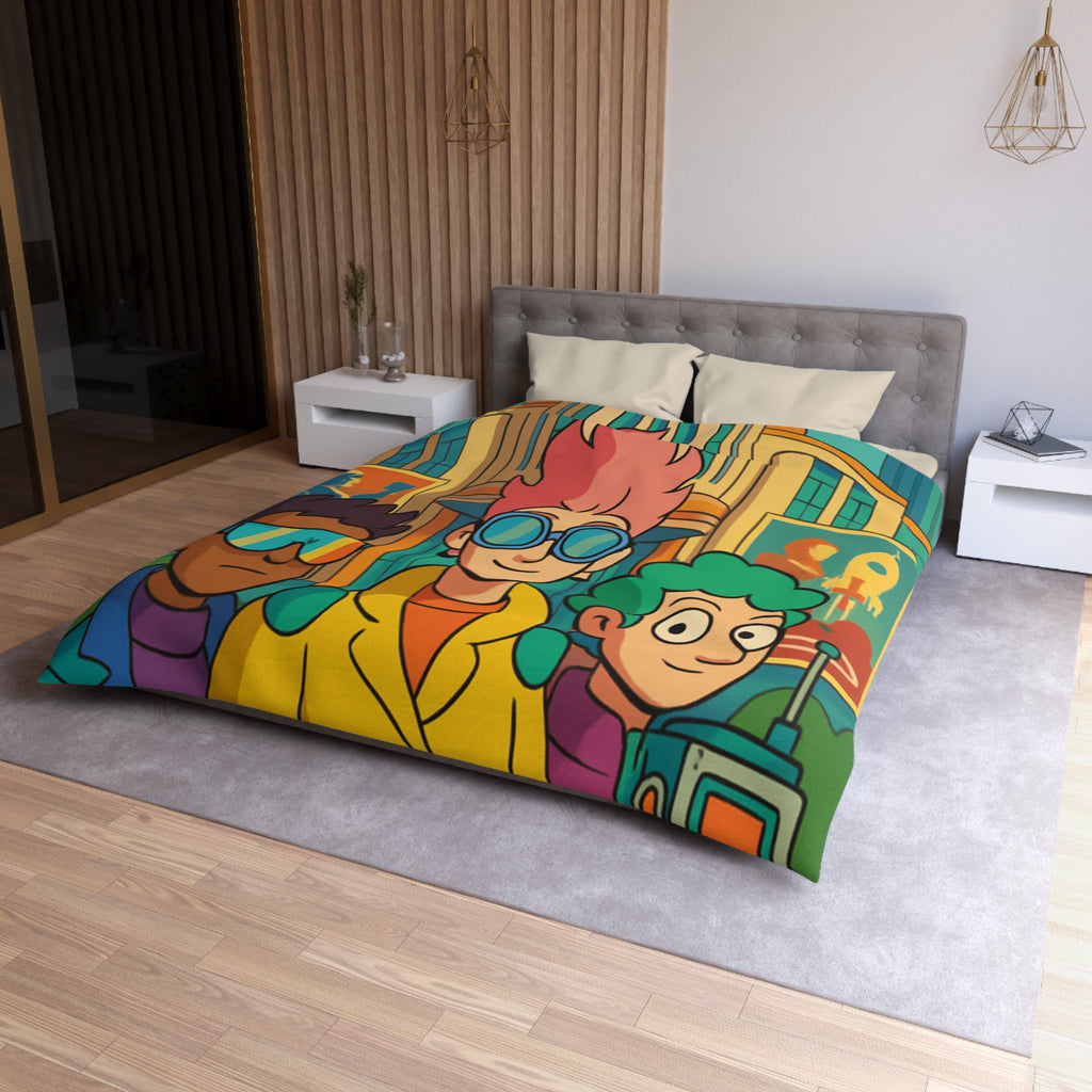 Housse de couette rétro futuriste colorée avec personnages et architecture urbaine stylisée
