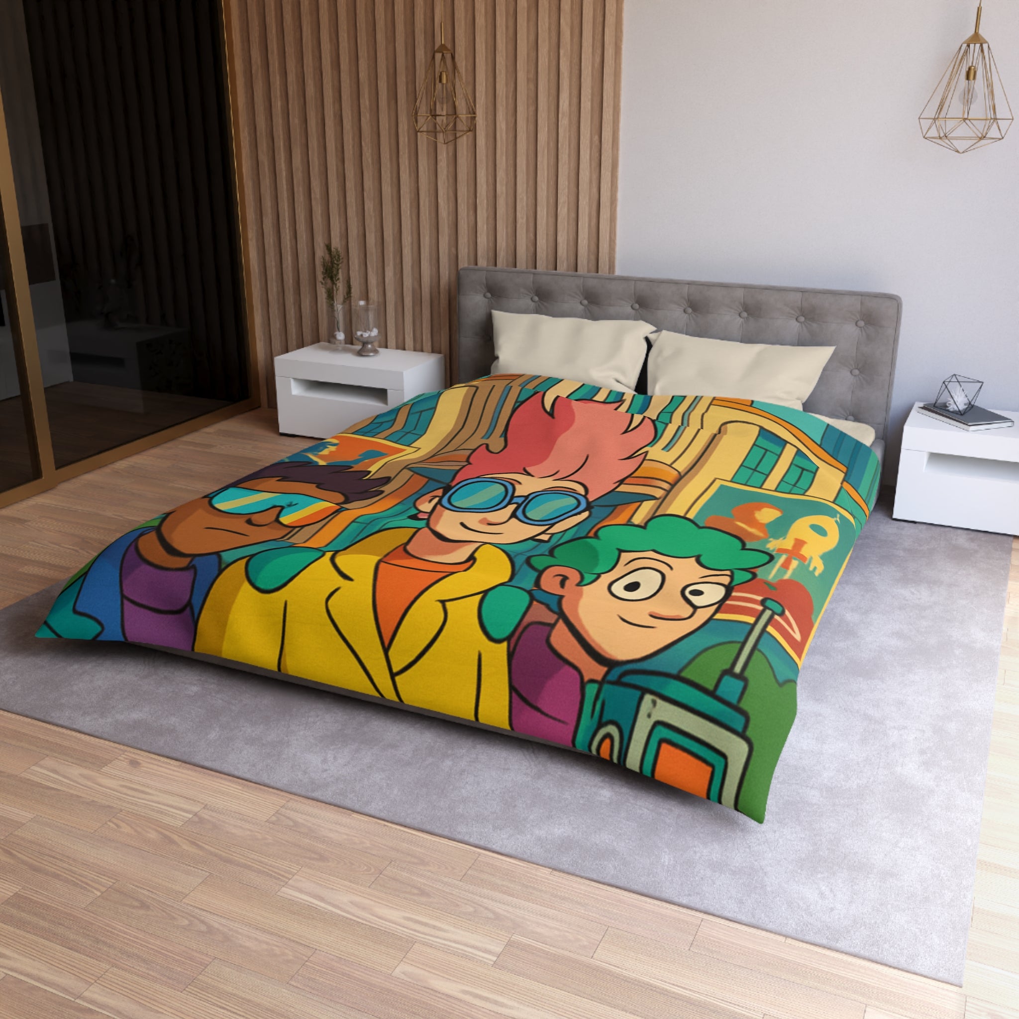 Housse de couette rétro futuriste colorée avec personnages et architecture urbaine stylisée