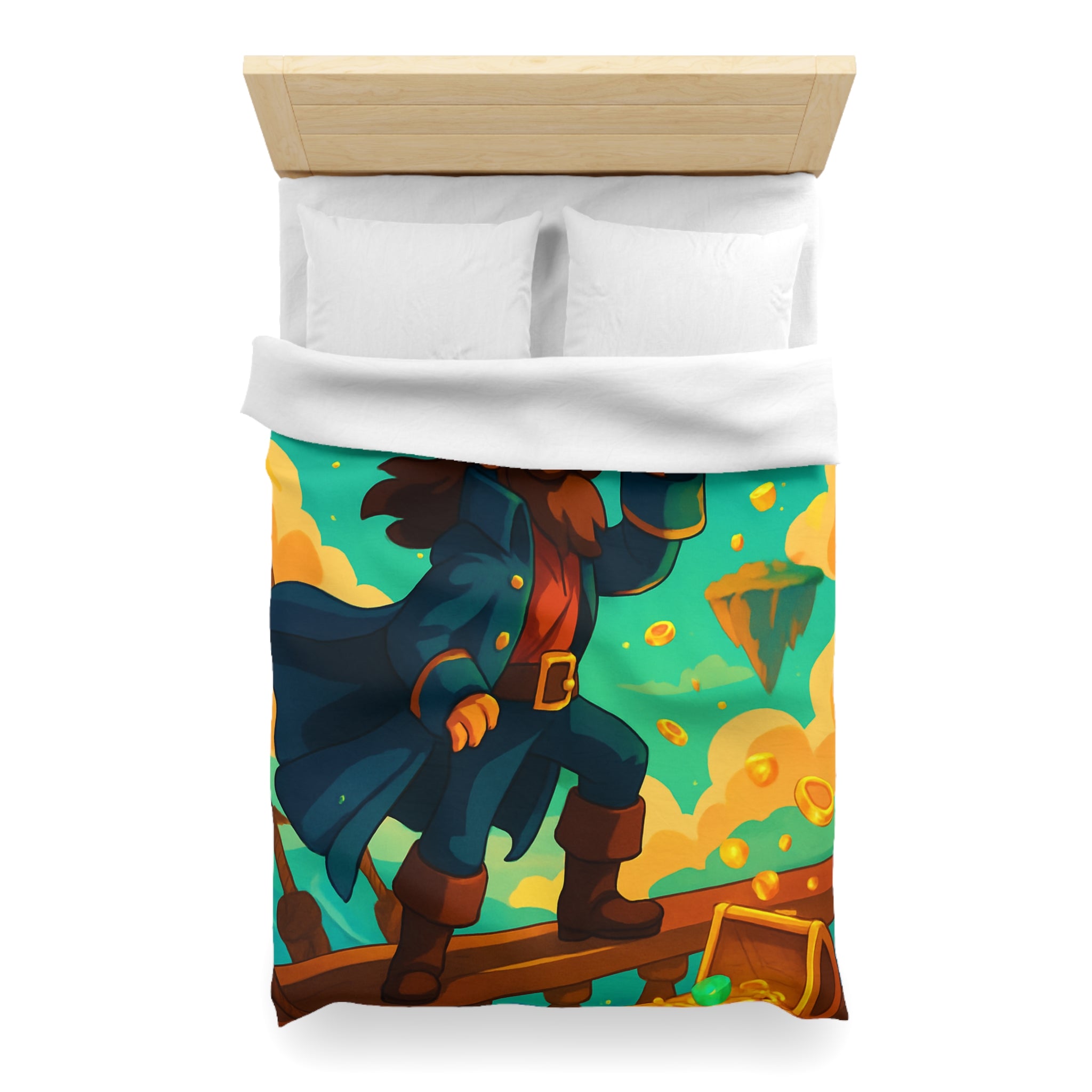 Housse de couette pirate vibrant bleu avec trésor doré et nuages flottants