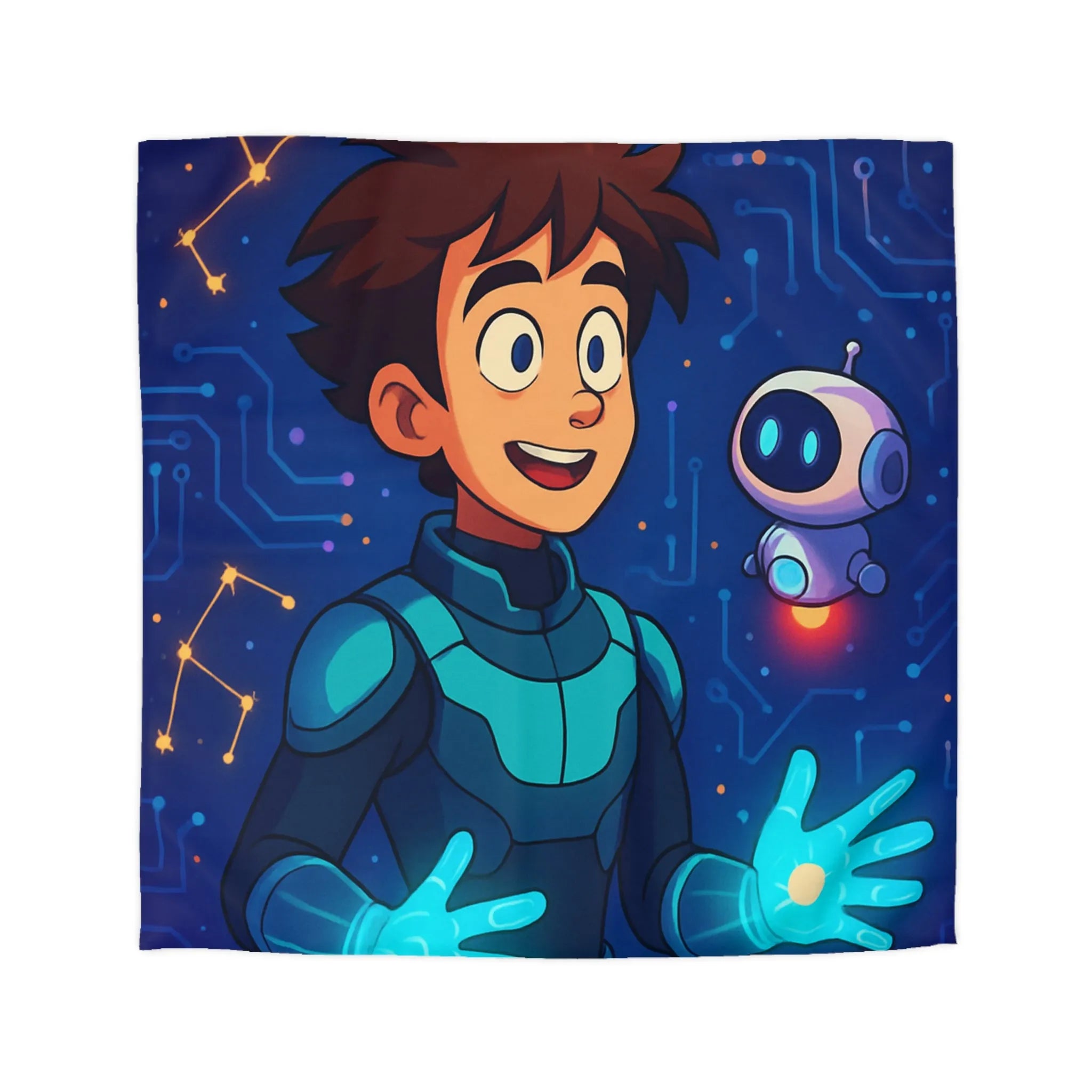 Housse de couette futuriste avec jeune héros et robot dans espace numérique éclatant