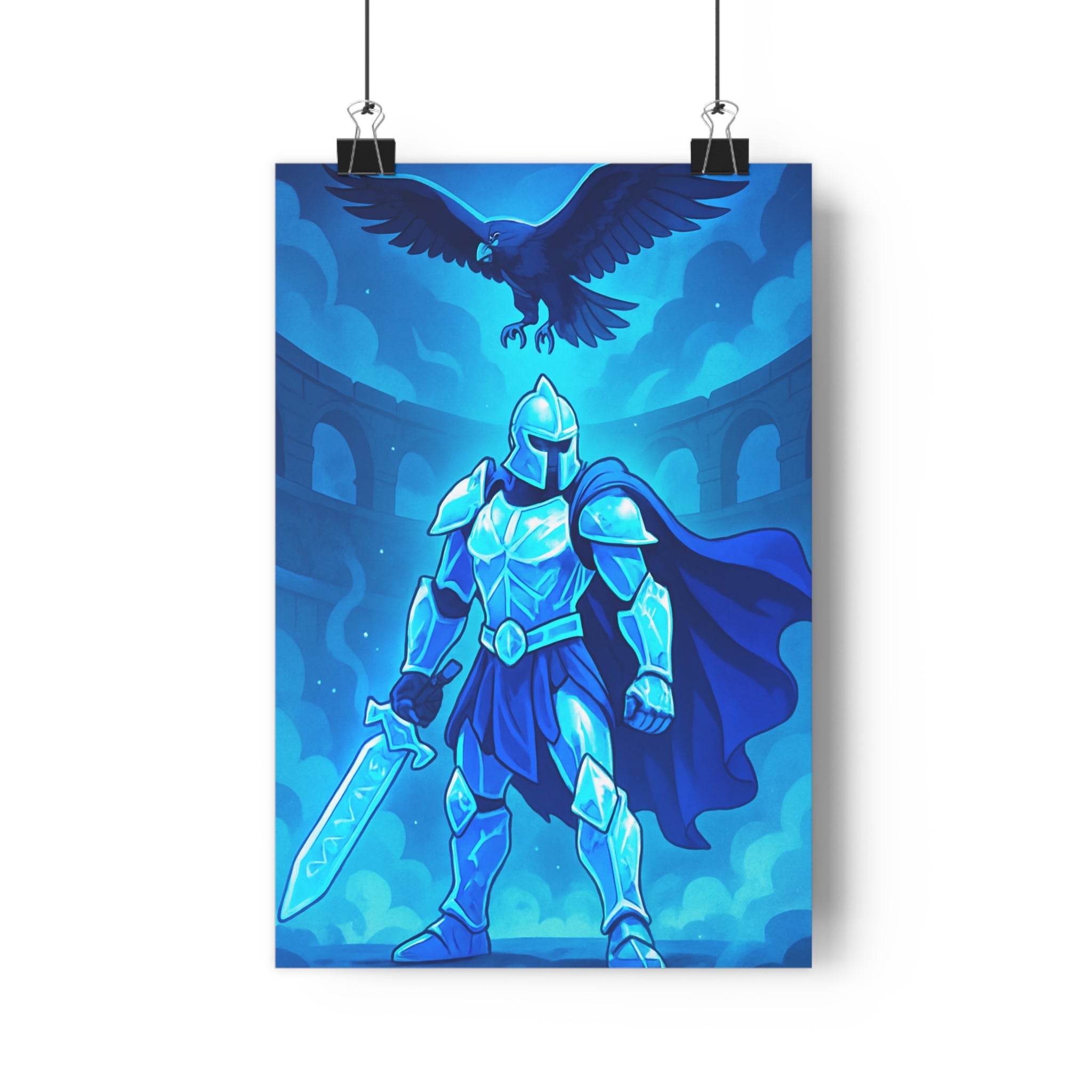 Poster décoratif fantastique mystique bleu guerrier épée oiseau chambre salon animé aventure magique qualité