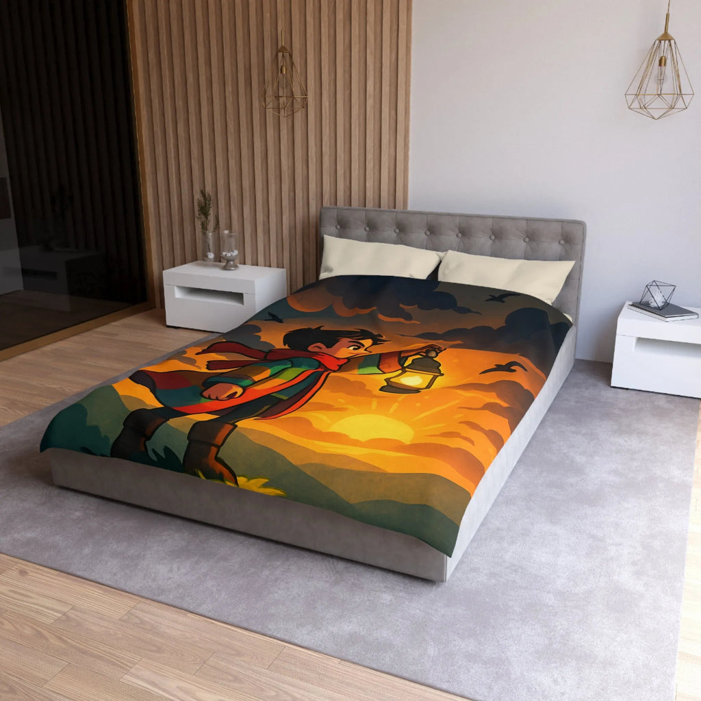 Housse de couette avec illustration enfantine colorée : garçon, lanterne, ciel dramatique