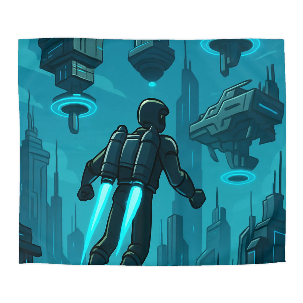 Housse de Couette Futuriste avec Ville Céleste et Homme en Jetpack Néon Bleu