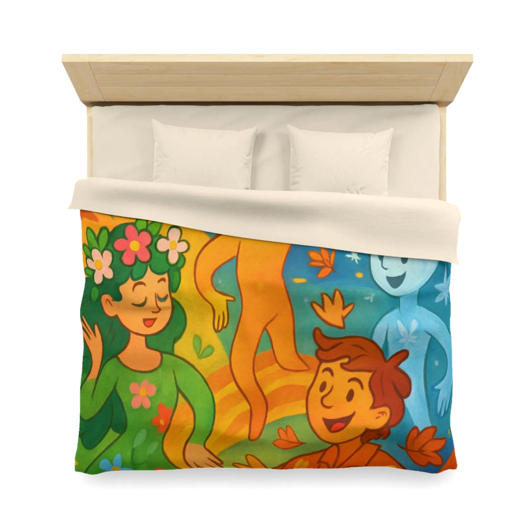 Housse de couette éclatante illustrant les quatre saisons dans un design ludique et coloré