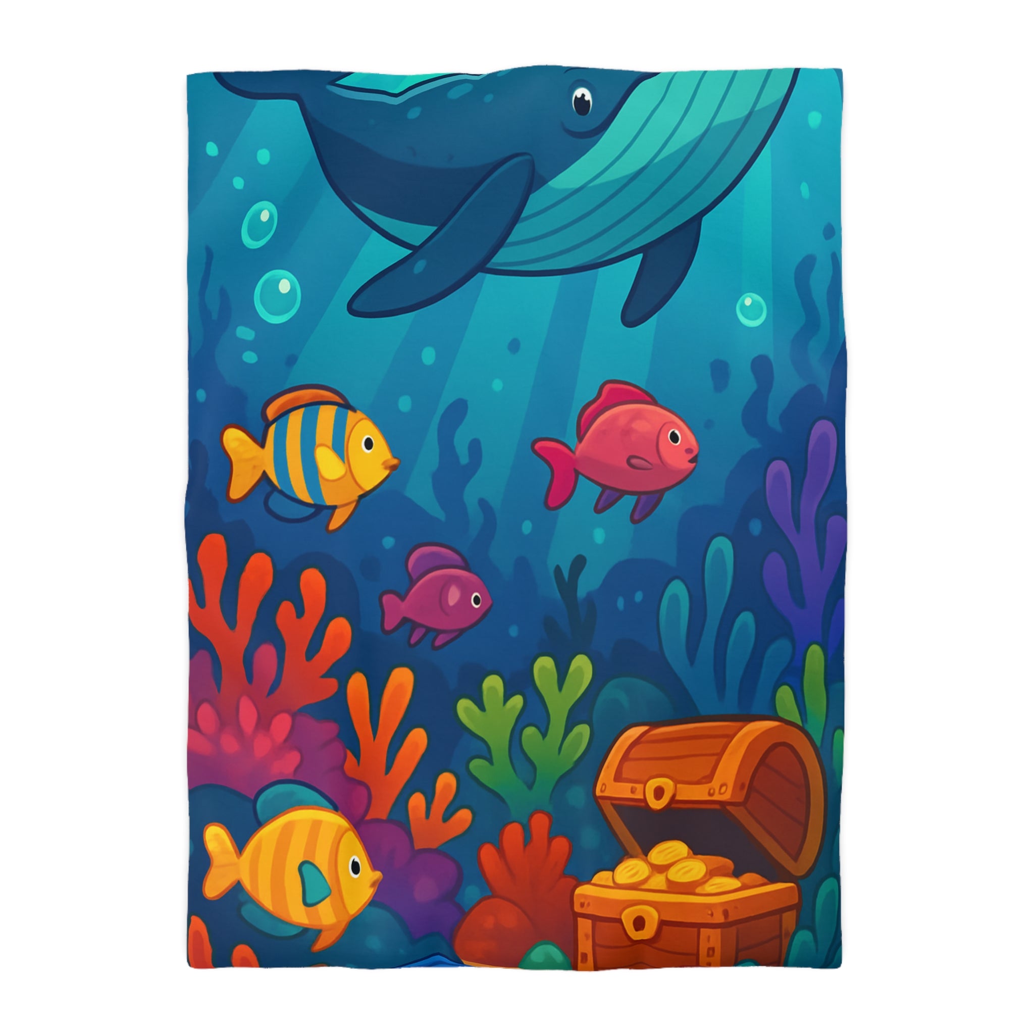 Housse de couette océan magique, baleine heureuse, poissons colorés et trésor sous-marin