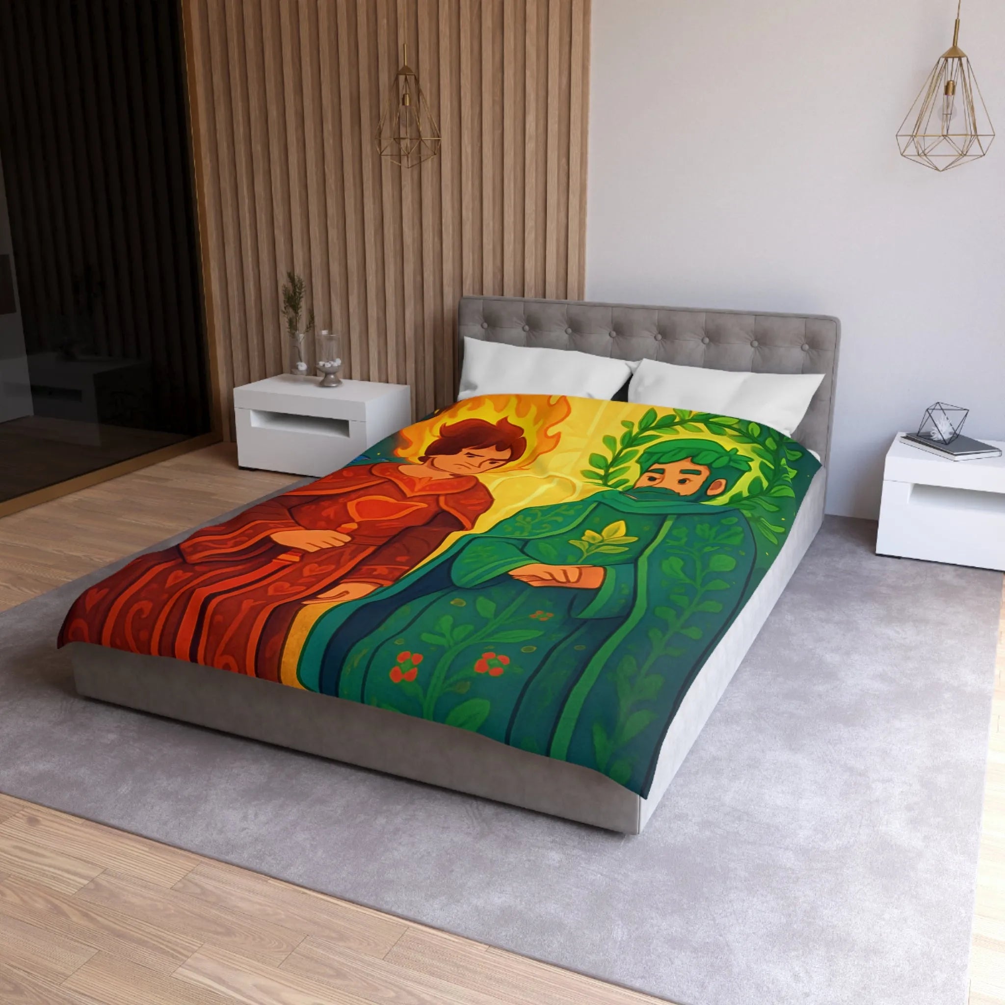 Housse de Couette Colorée avec Illustration Médiévale de Personnages Mystiques et Oiseaux Enchantés