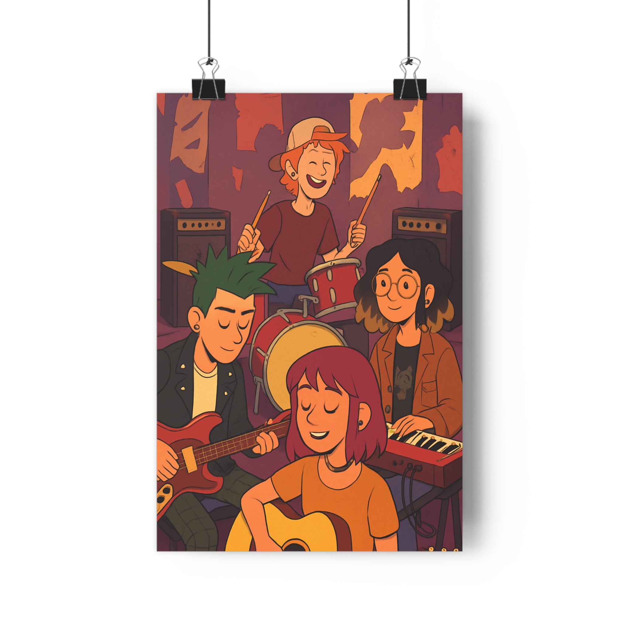 Poster décoratif contemporain anime coloré orange rouge joyeux chambre salon musique art personnages musiciens