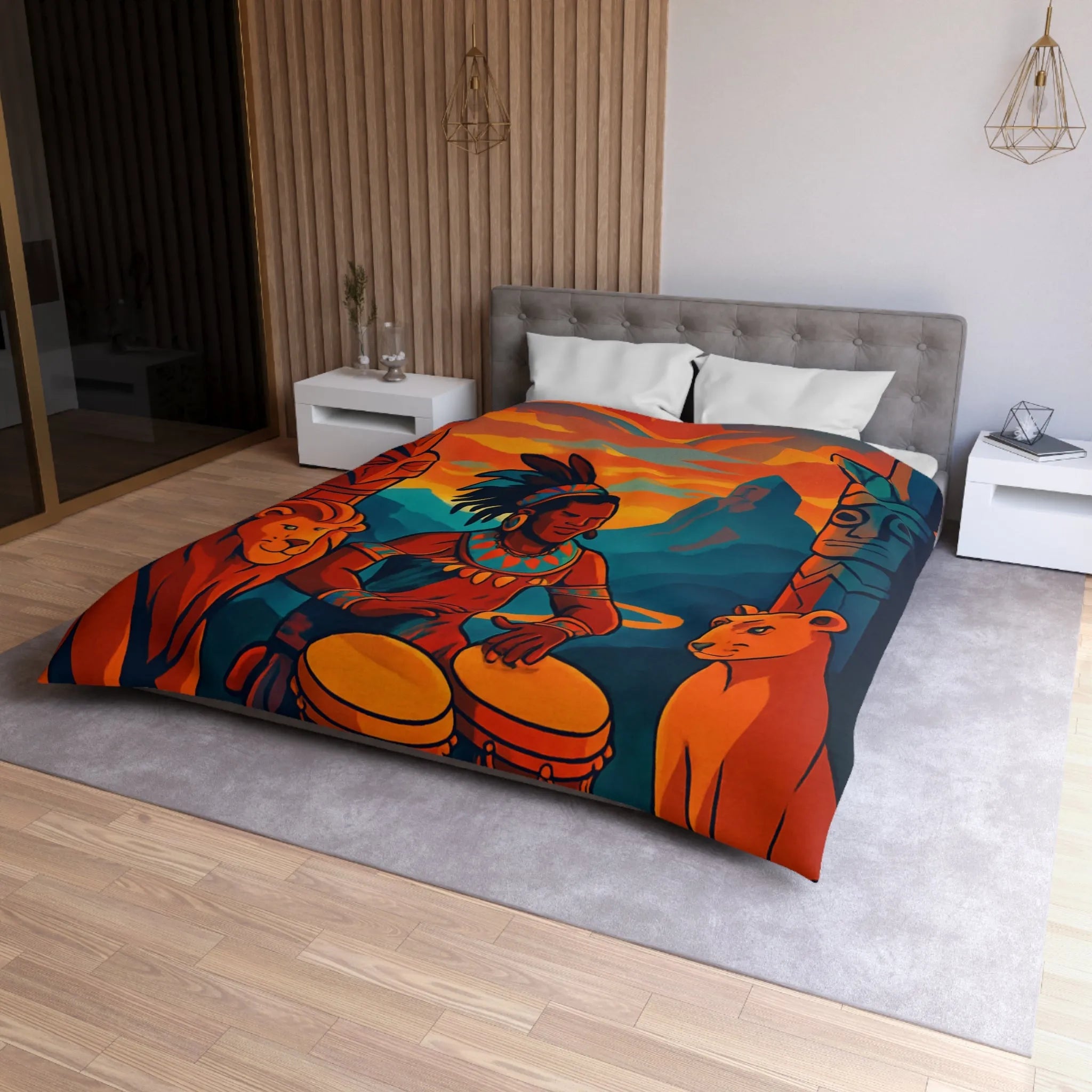 Housse de couette exotique avec musicien, tambours et totems en ambiance chaleureuse