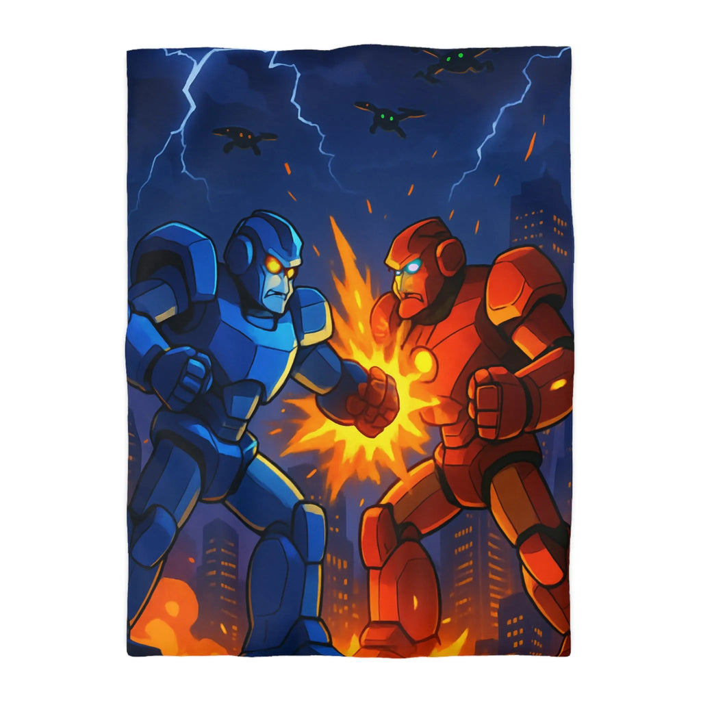 Housse de couette futuriste robots en combat dans une ville éclairée par l'orage