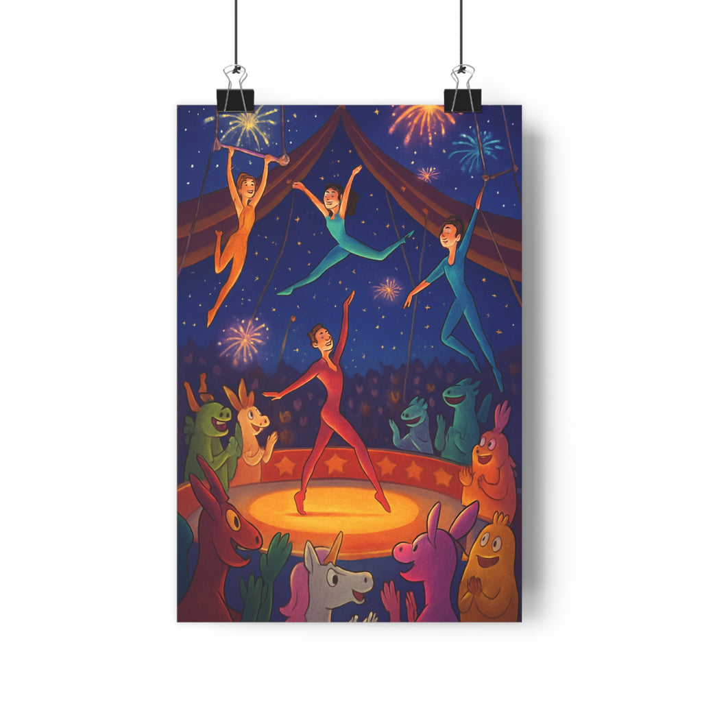 Poster décoratif joyeux magique coloré acrobate créature étoilé scène chambre festif vibrant spectaculaire ambiance