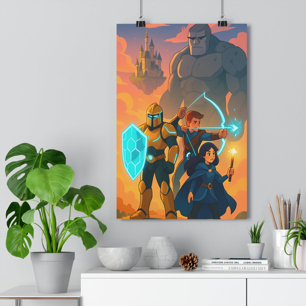 Poster décoratif épique fantasy chevalier doré archer bleu magicienne aventure enfant chambre salon qualité
