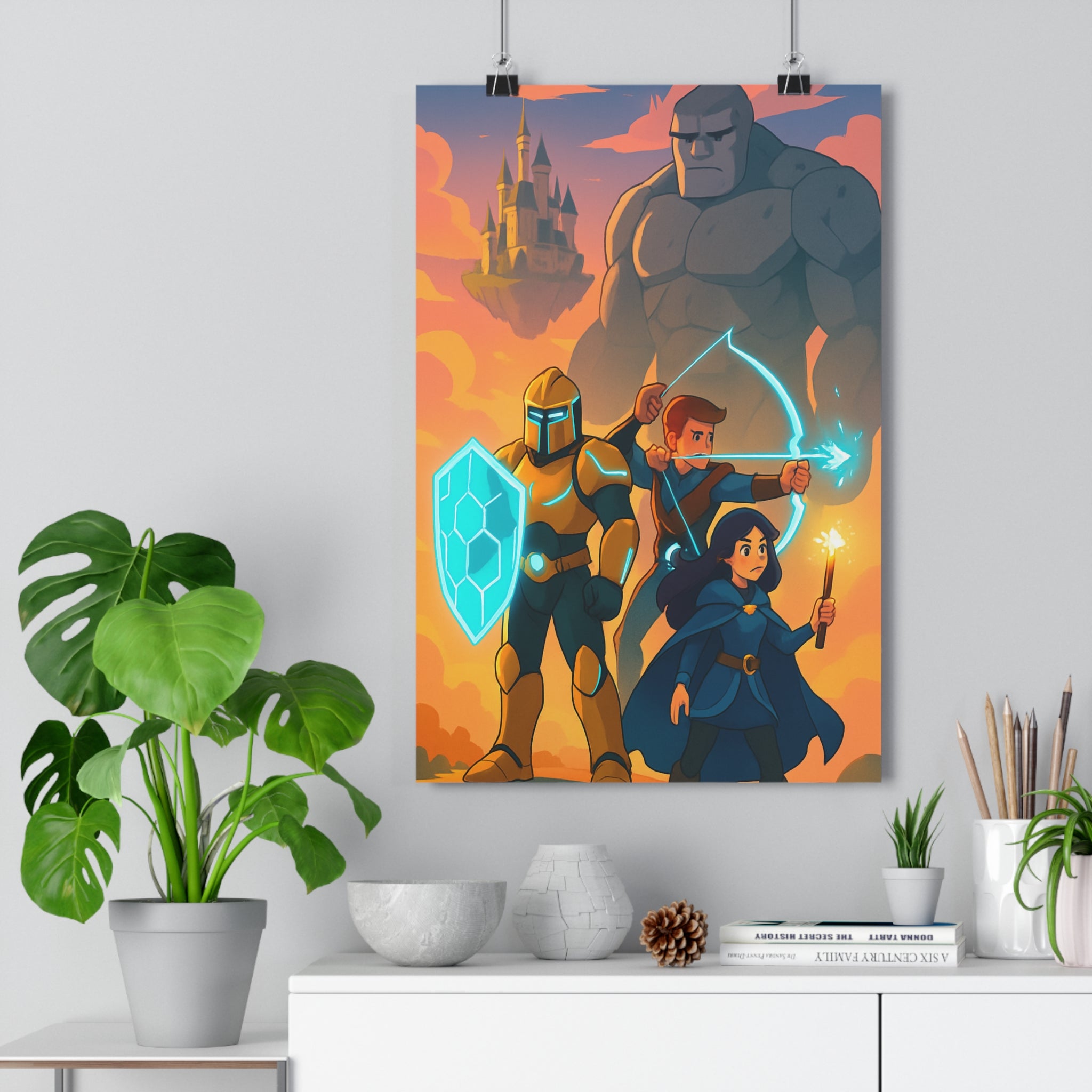 Poster décoratif épique fantasy chevalier doré archer bleu magicienne aventure enfant chambre salon qualité
