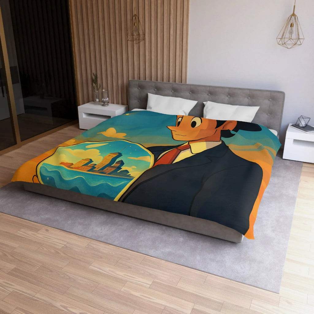 Housse de couette avec illustration surréaliste d'un homme tenant une sphère magique