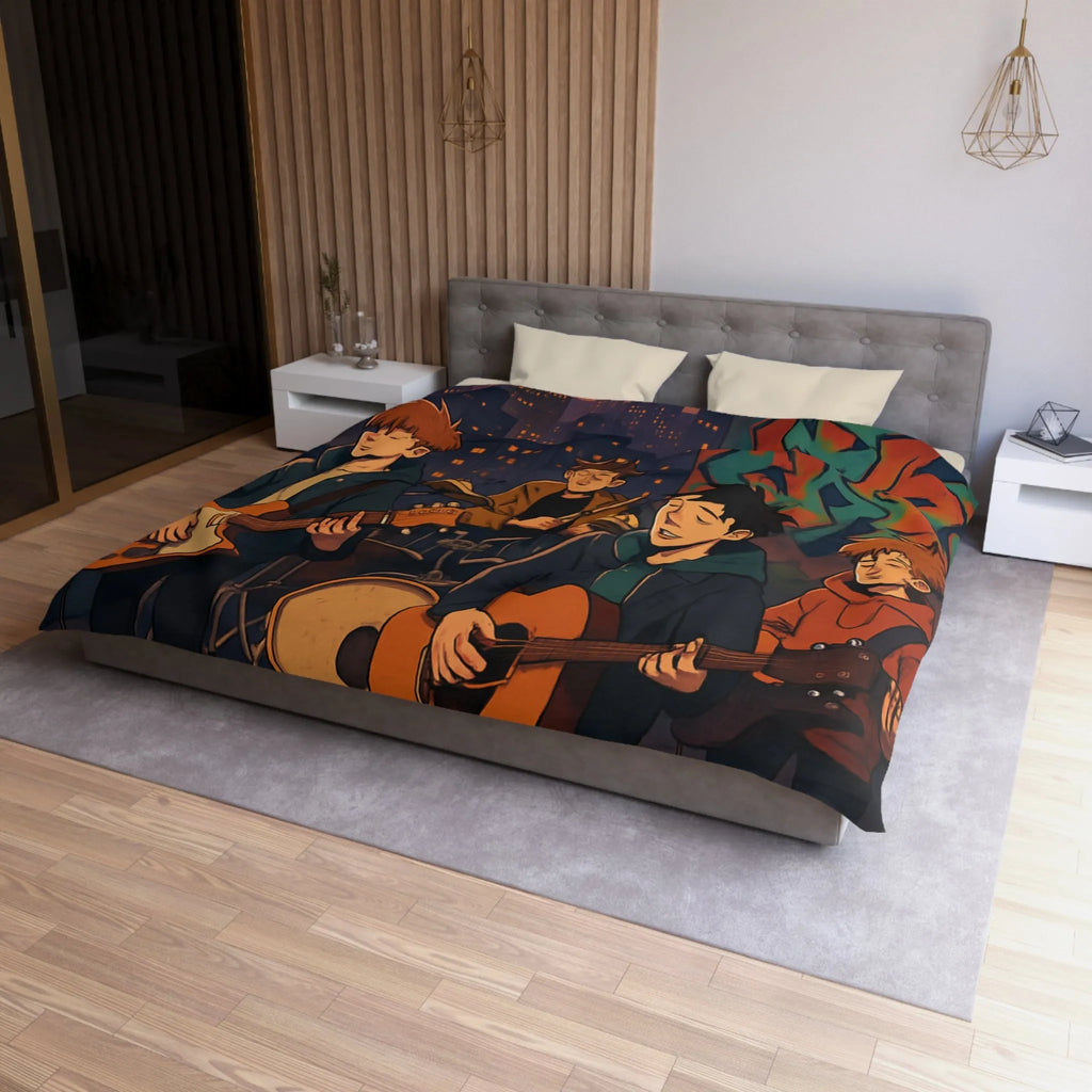 Housse de couette avec illustration de groupe jouant sur toit urbain au crépuscule