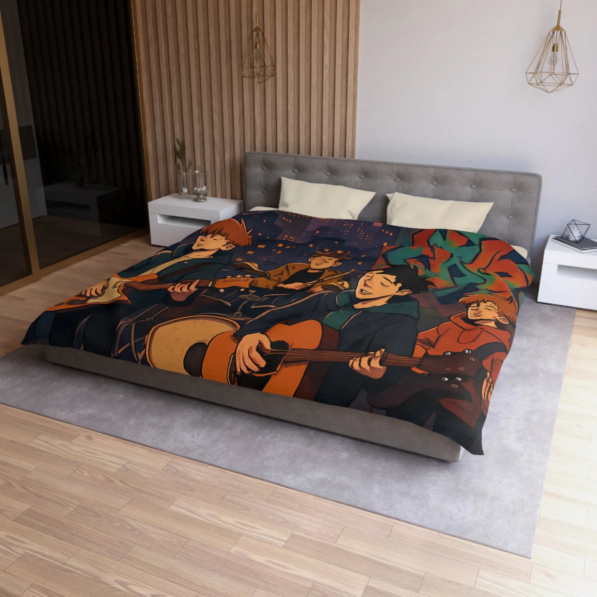 Housse de couette avec illustration de groupe jouant sur toit urbain au crépuscule