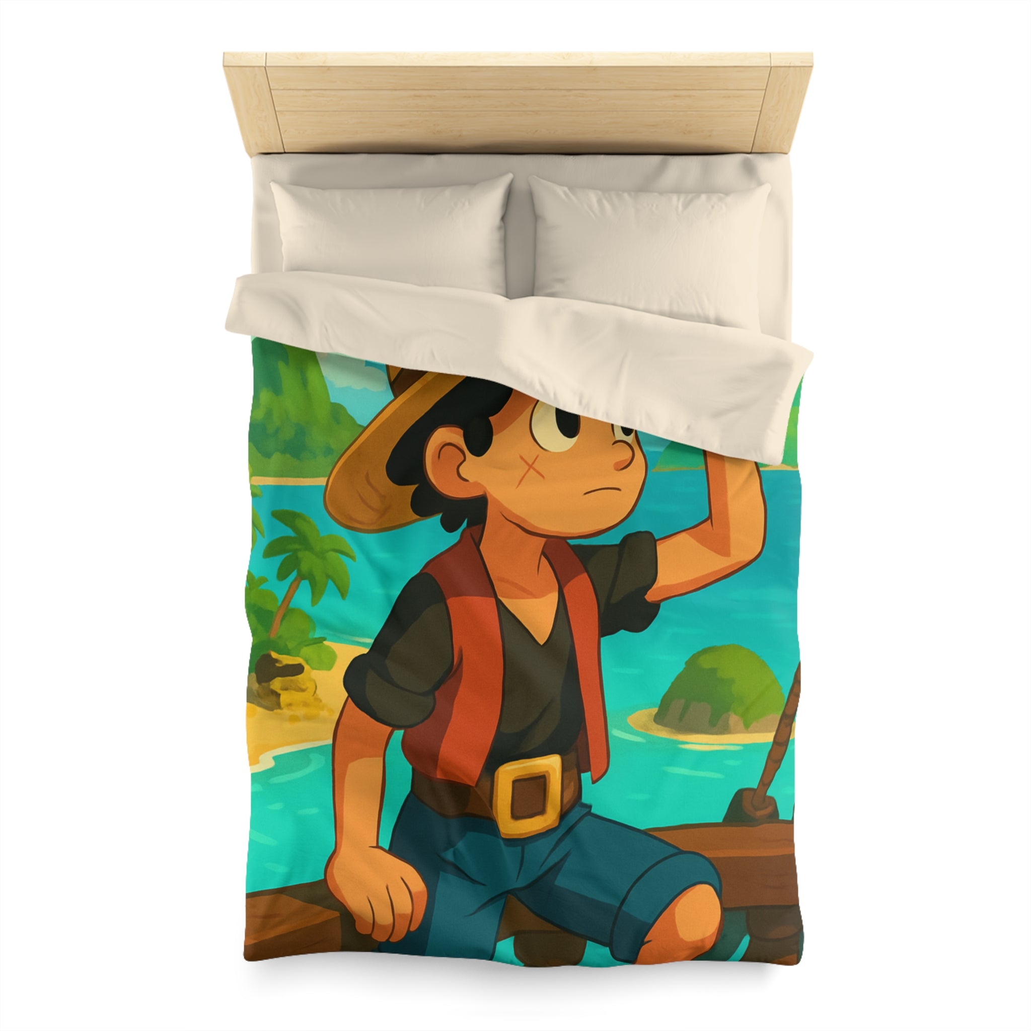 Housse de couette tropicale enfant avec pirate aventurier sur fond d'île paradisiaque