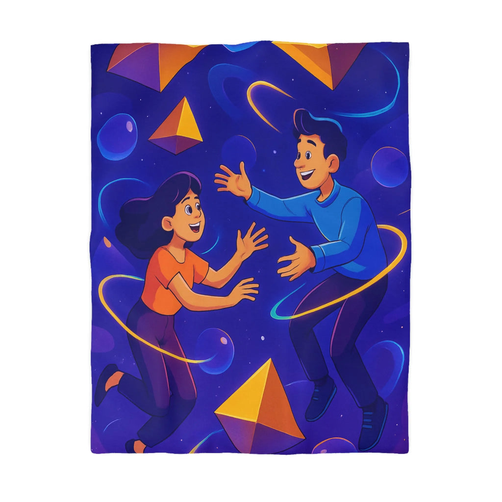 Housse de Couette Design Géométrique Magnifique avec Personnages Colorés et Éléments Spatiaux Vibrants