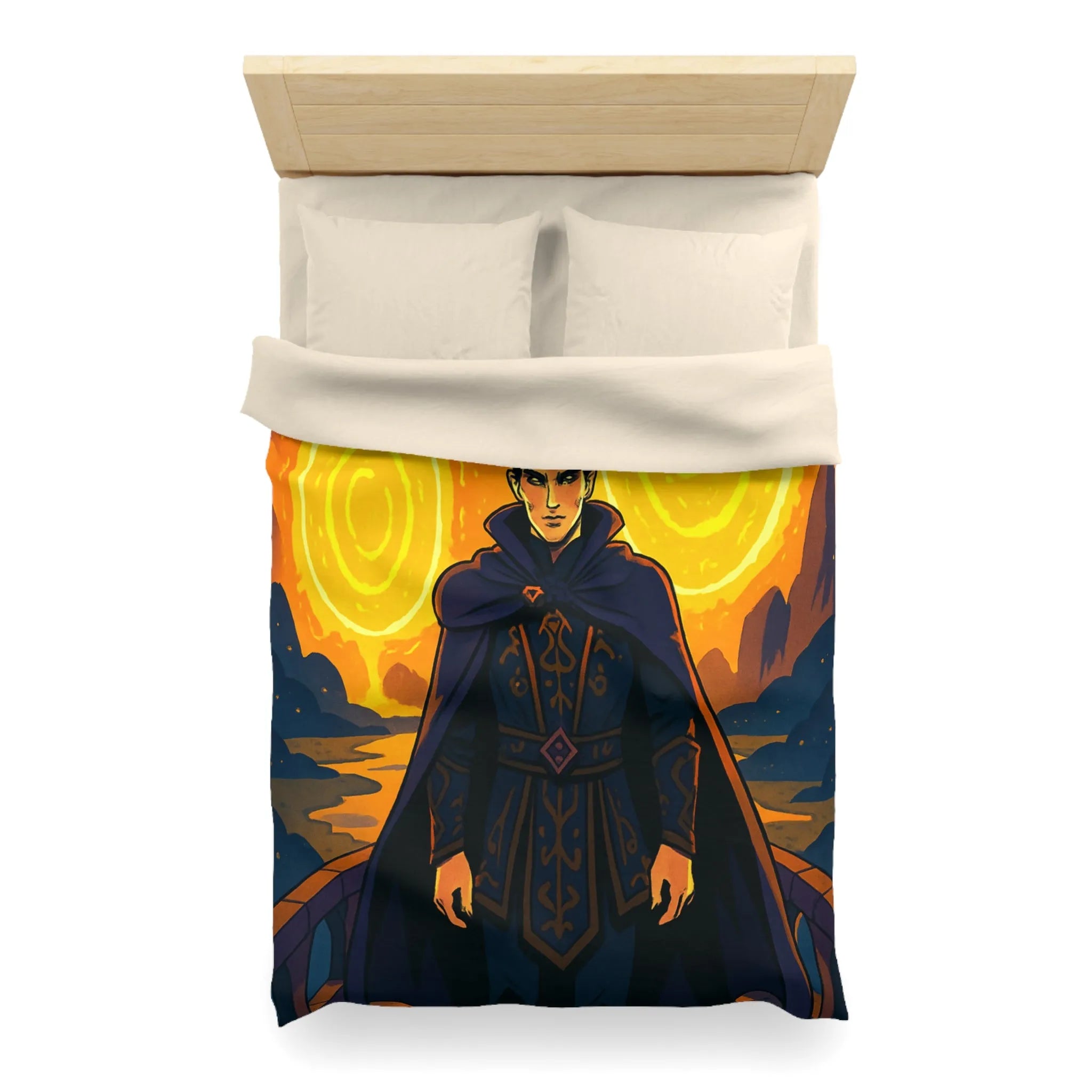 Housse de couette fantastique avec sorcier et portails lumineux dans paysage nocturne magique