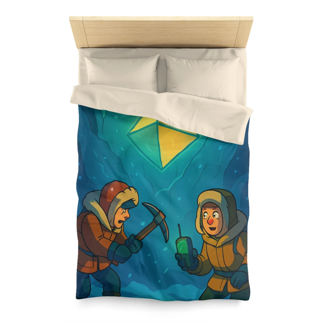 Explorez l'aventure polaire avec personnages découvrant joyau lumineux dans grotte mystérieuse