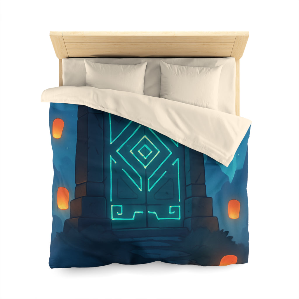 Housse de couette mystérieuse avec portail magique et lanternes flottantes sous ciel étoilé