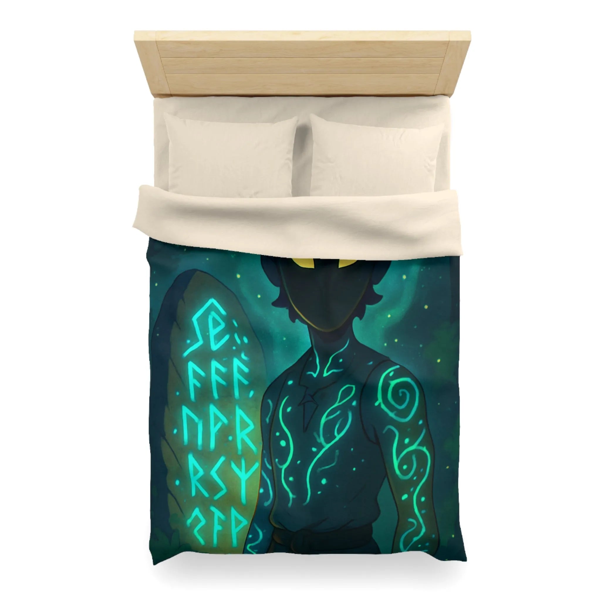 Housse de couette enchantée avec personnage masqué et runes dans une forêt mystique