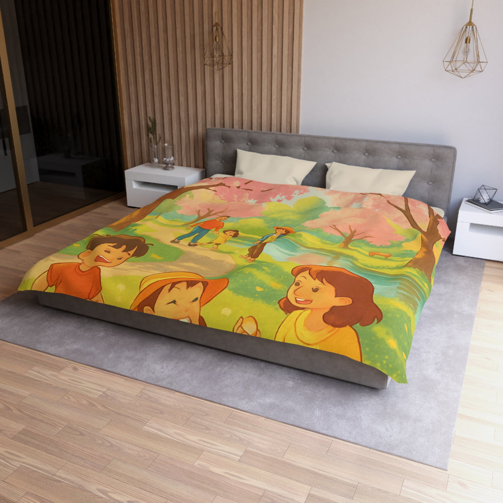 Housse de Couette Printanière avec Scène de Pique-nique Sous Cerisiers en Fleurs