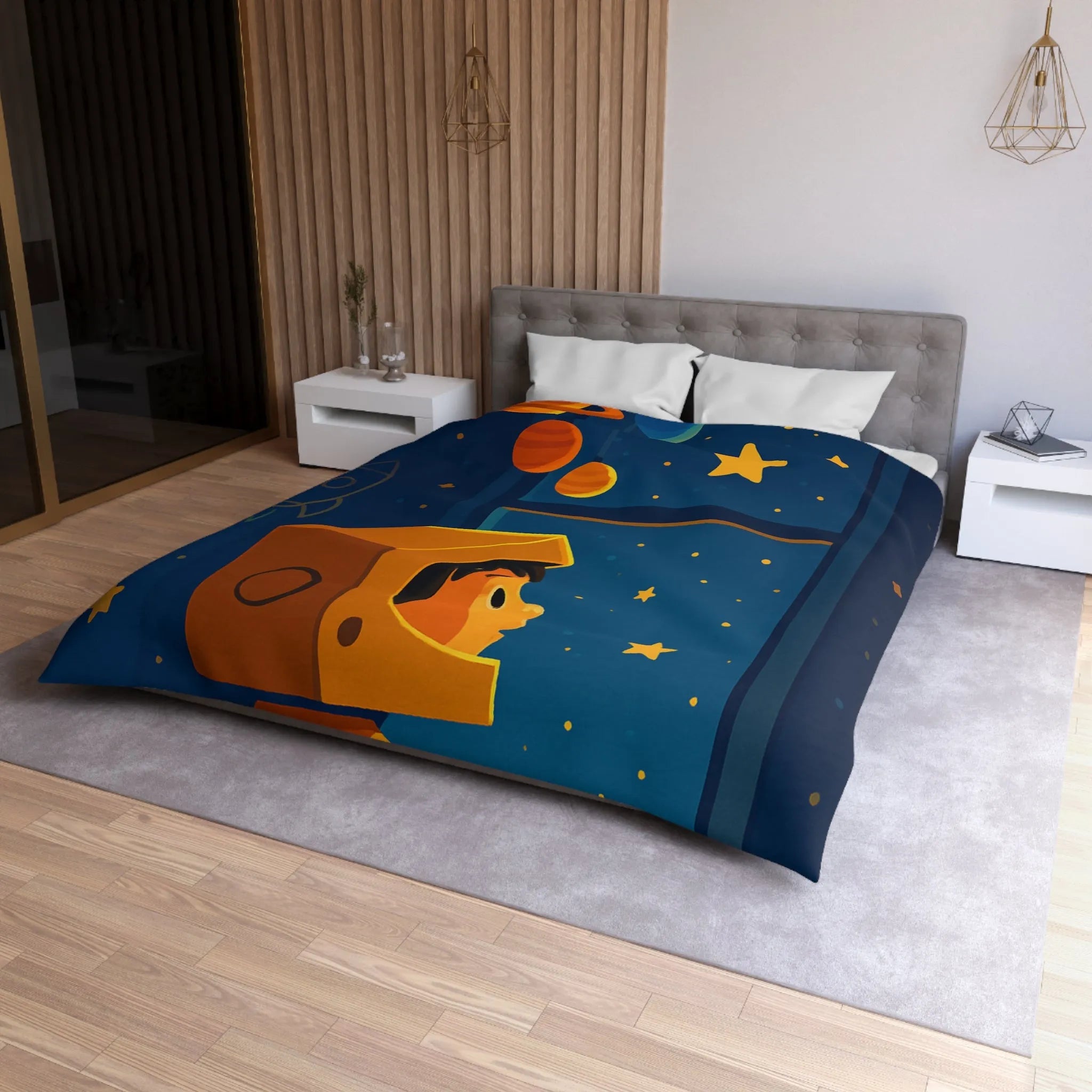 Housse de couette enfant rêveur espace avec planètes et étoiles, ambiance ludique