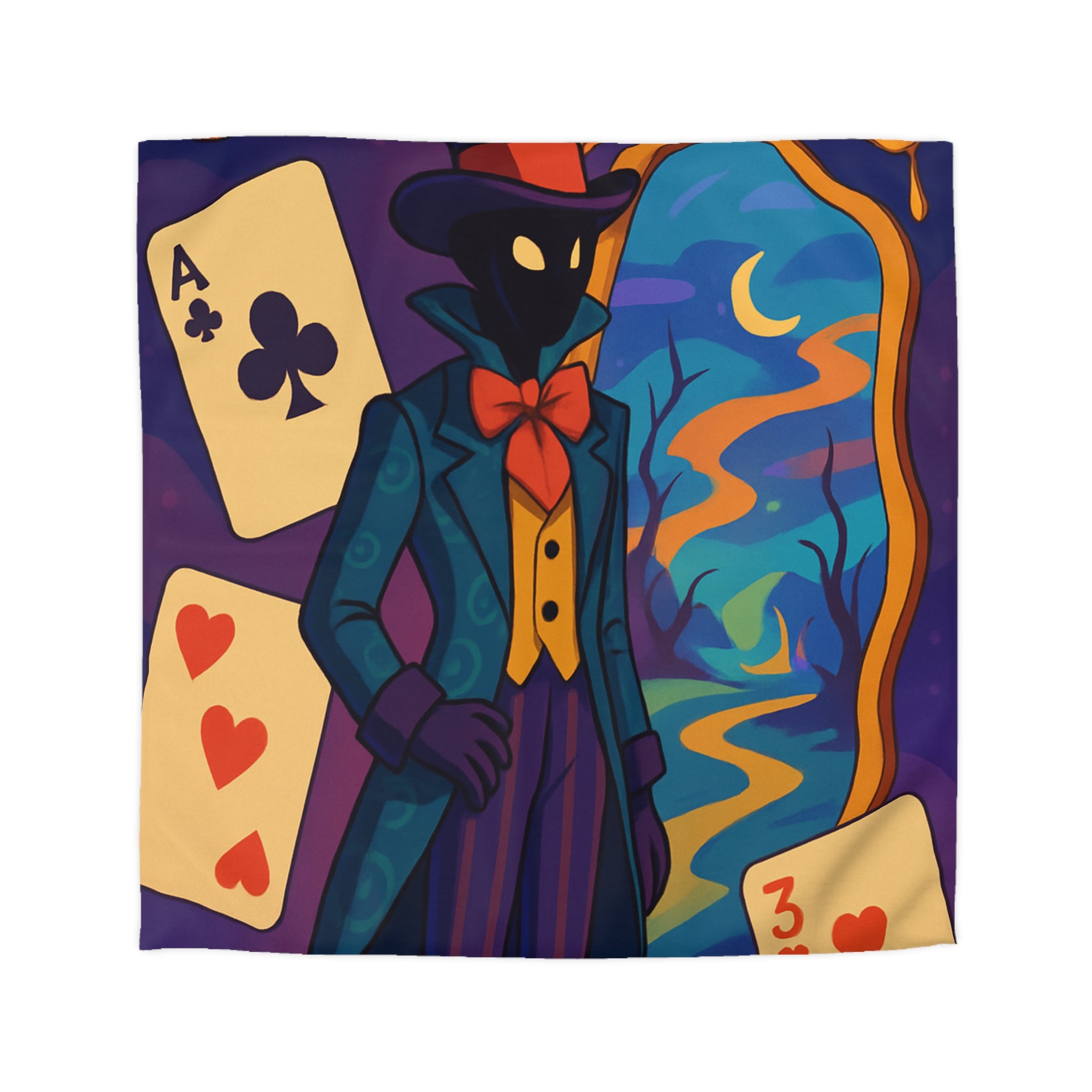 Housse de couette mystérieuse avec montre fondante et cartes à jouer colorées