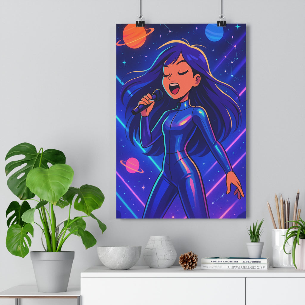 Poster décoratif chanteuse futuriste dessin animé couleurs vives ciel étoilé moderne espace chambre ambiance