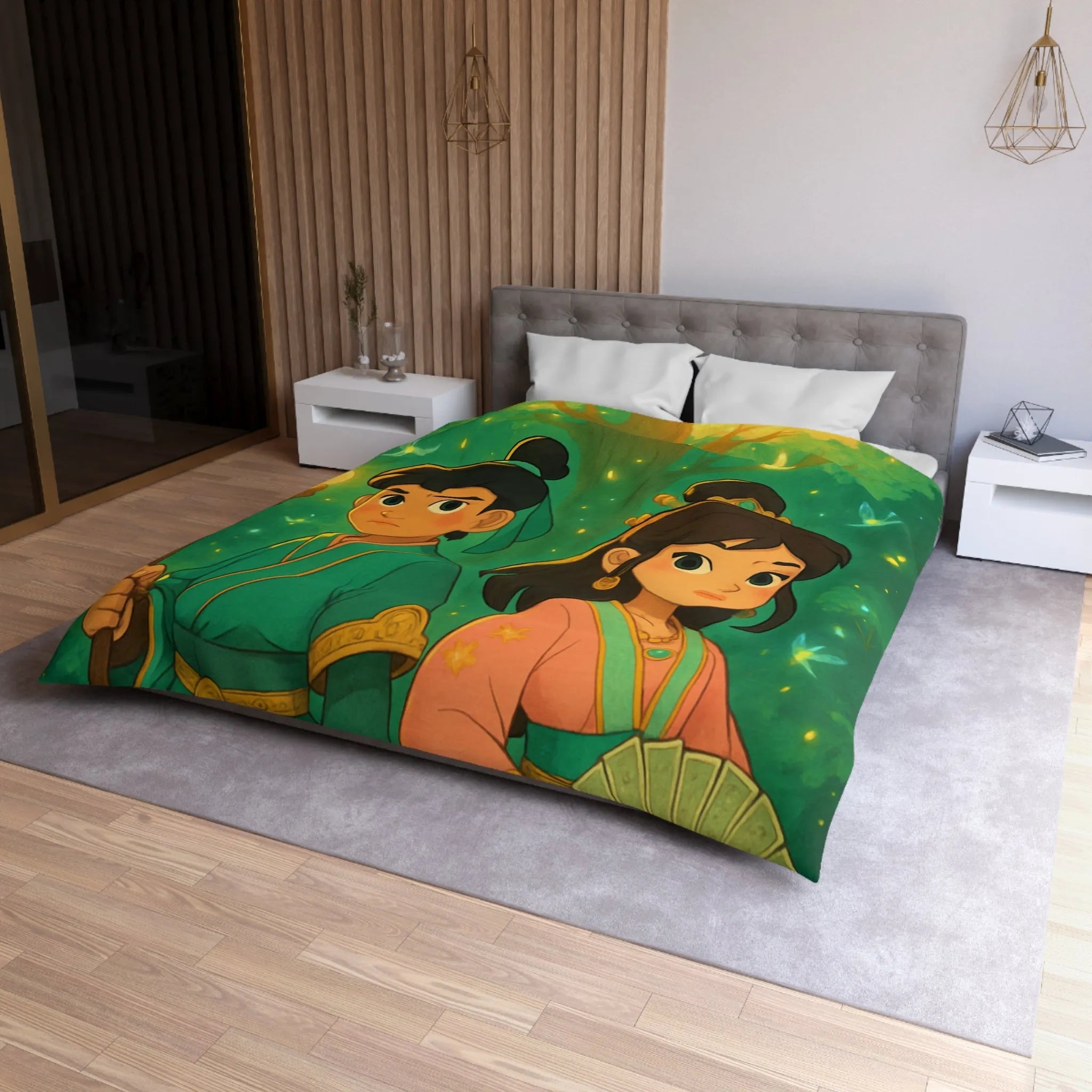 Housse de Couette Féérique Enfants avec Arbre Lumineux et Personnages Style Fantasy Coloré