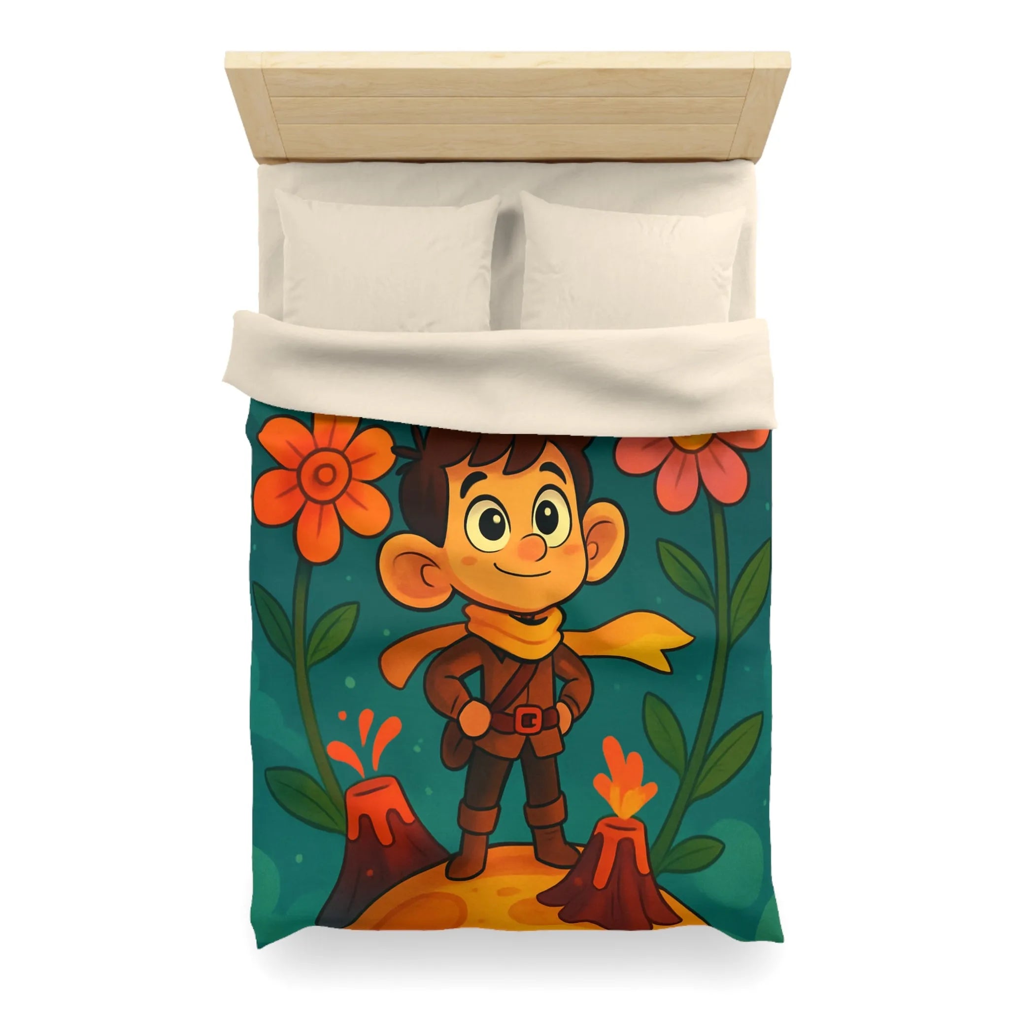 Housse de Couette Enfantine : Aventure Fantastique sur Volcan Fleuri Coloré et Amusant