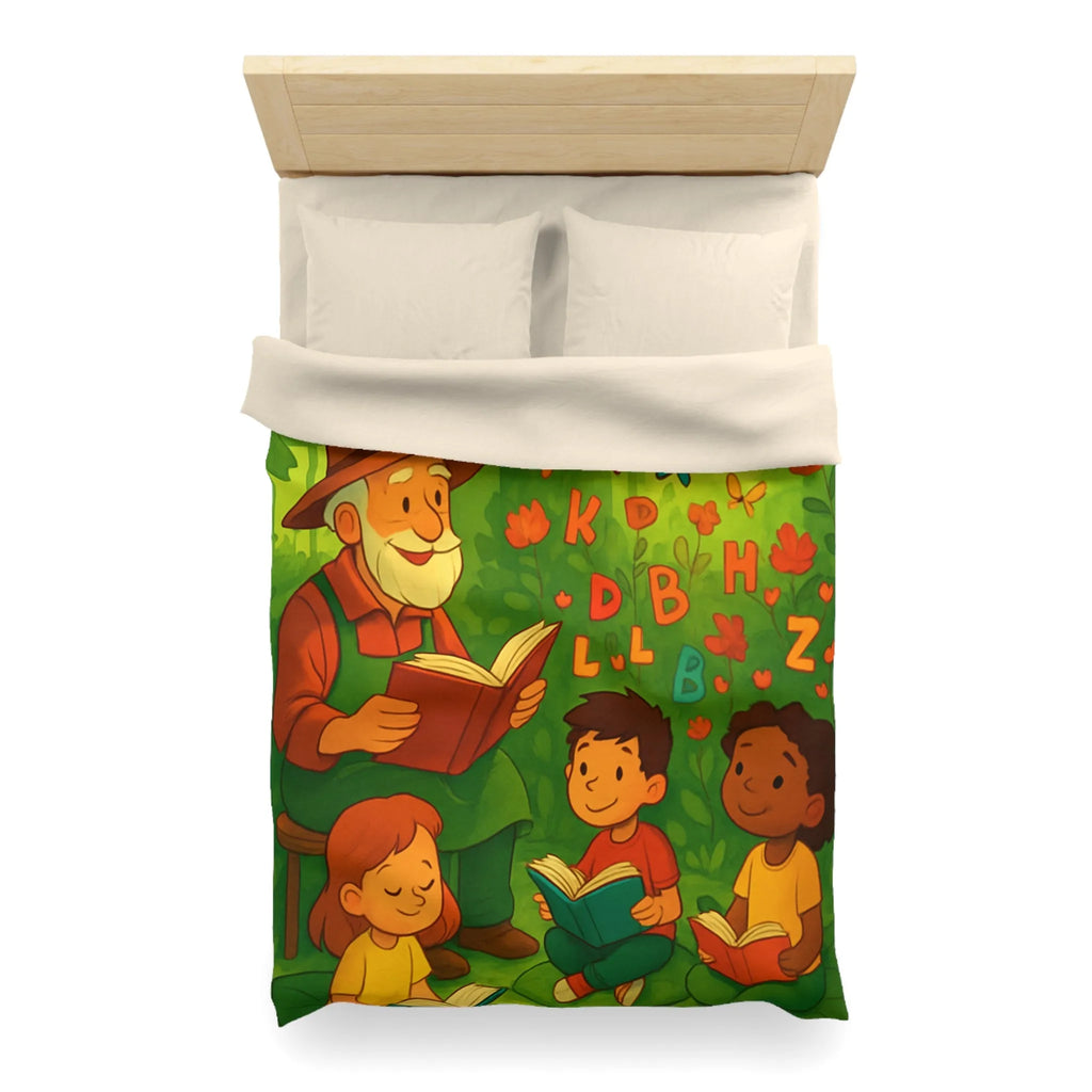 Housse de couette éducative avec scène de lecture, papillons et nature verdoyante