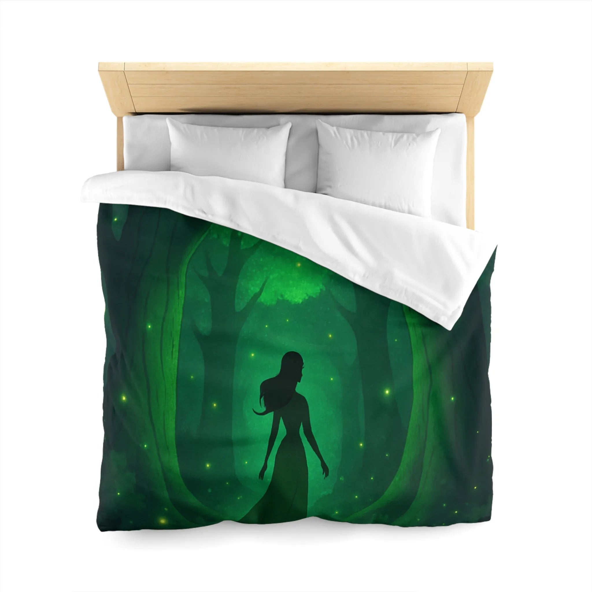 Housse de couette forêt enchantée avec silhouette élégante et lumières scintillantes vertes