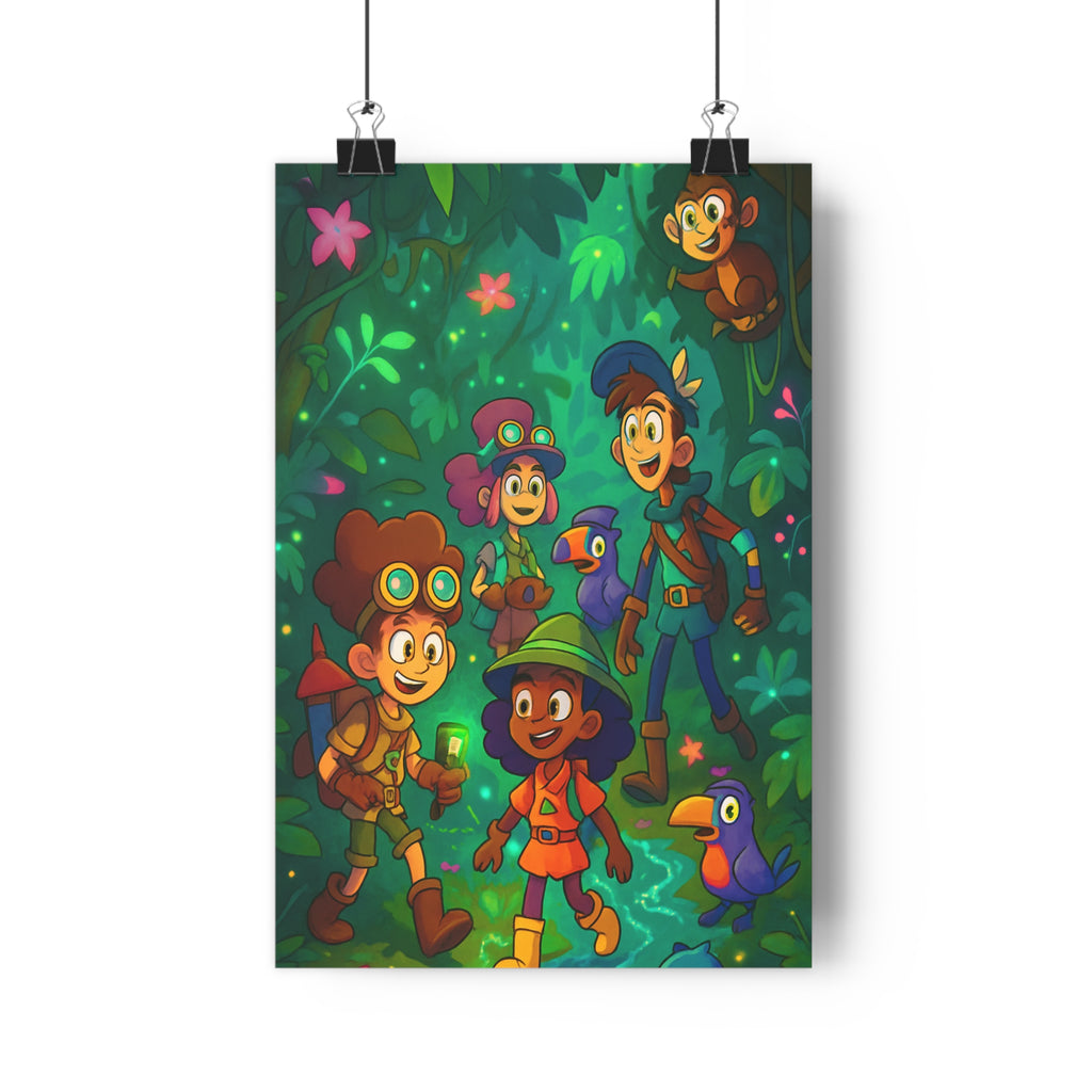 Poster décoratif coloré jungle cartoon aventure amusant explorateurs enfants chambre salon vibrant joyeux qualité
