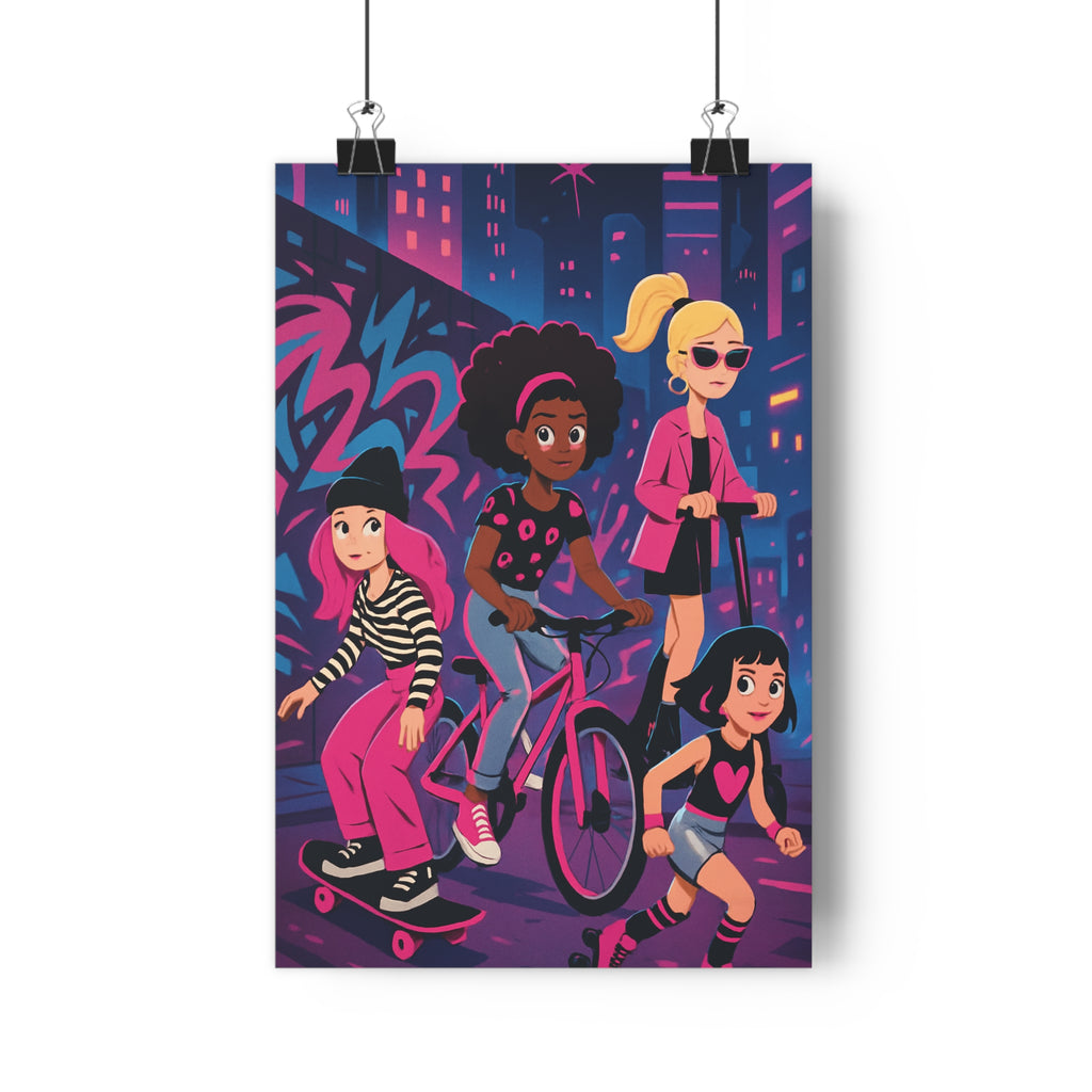 Poster décoratif moderne dessin animé urbain rose violet bleu fille dynamique chambre vibrant qualité