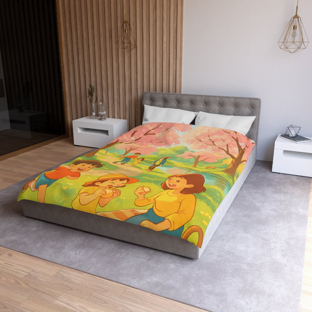 Housse de Couette Printanière avec Scène de Pique-nique Sous Cerisiers en Fleurs